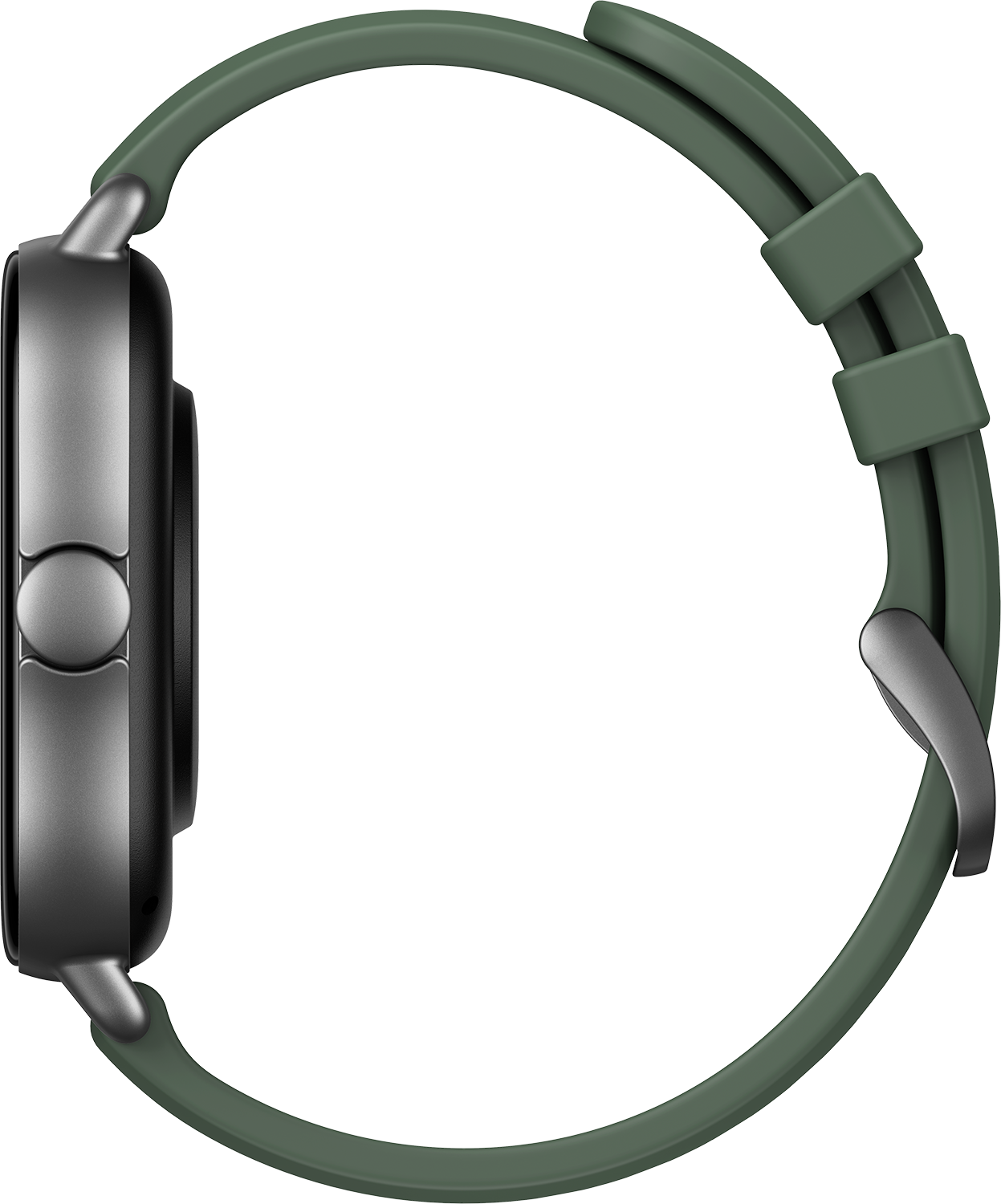 Seitenansicht einer grünen Smartwatch. Die Uhr hat ein silbernes Gehäuse und ein grünes Armband.