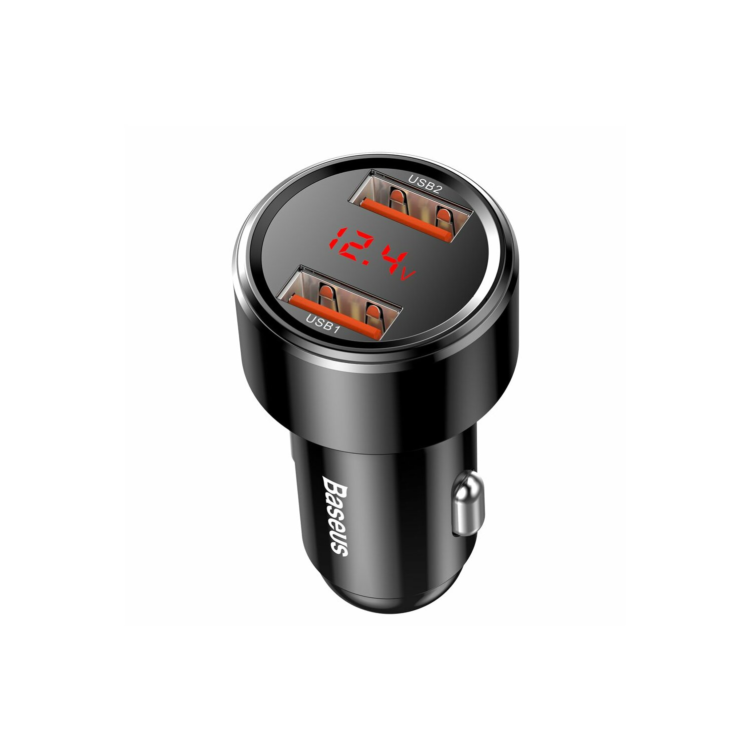 Czarna ładowarka samochodowa Baseus z dwoma portami USB i wyświetlaczem cyfrowym, białe tło.