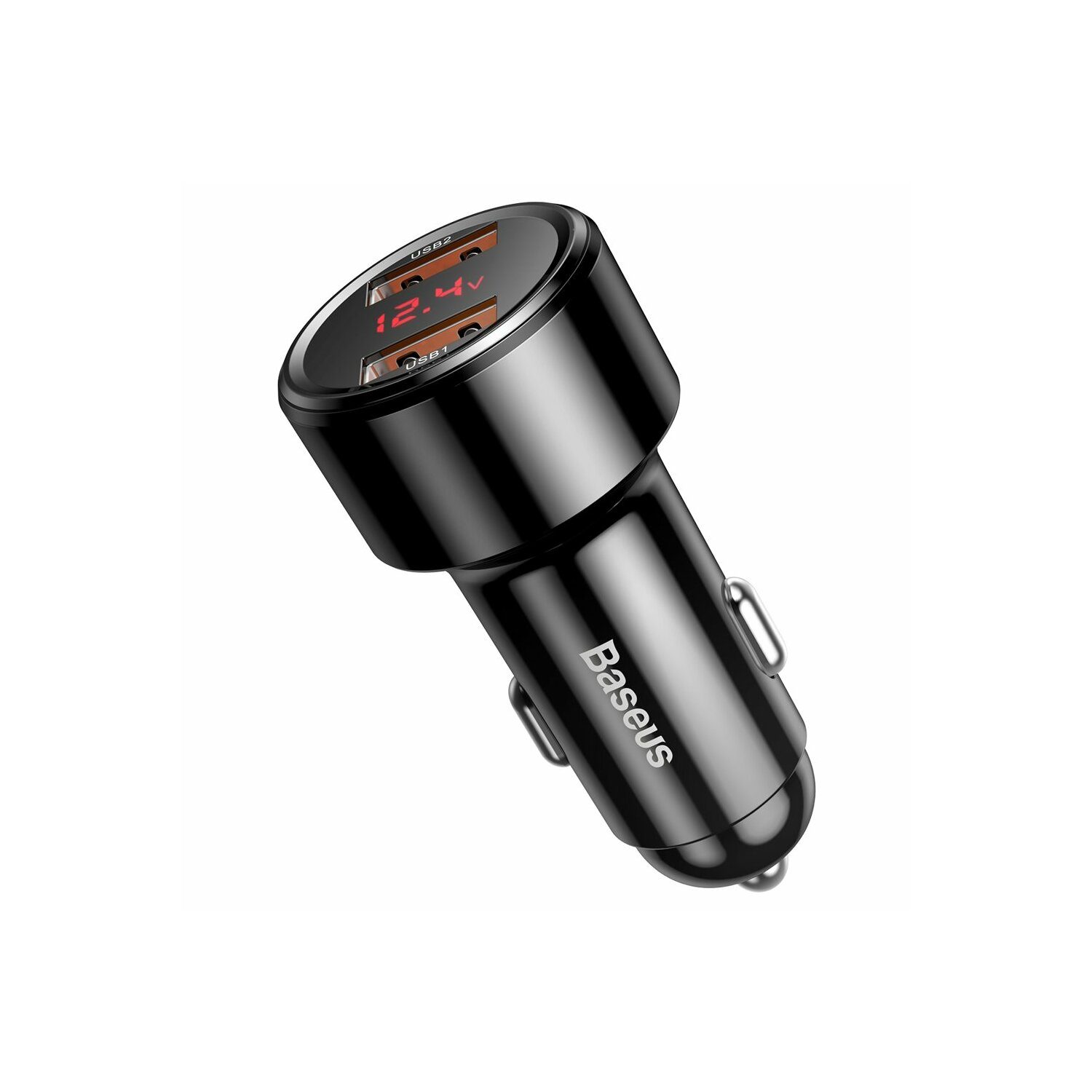 Czarna ładowarka samochodowa z portami USB, wyświetlająca 12,4 V na ekranie.