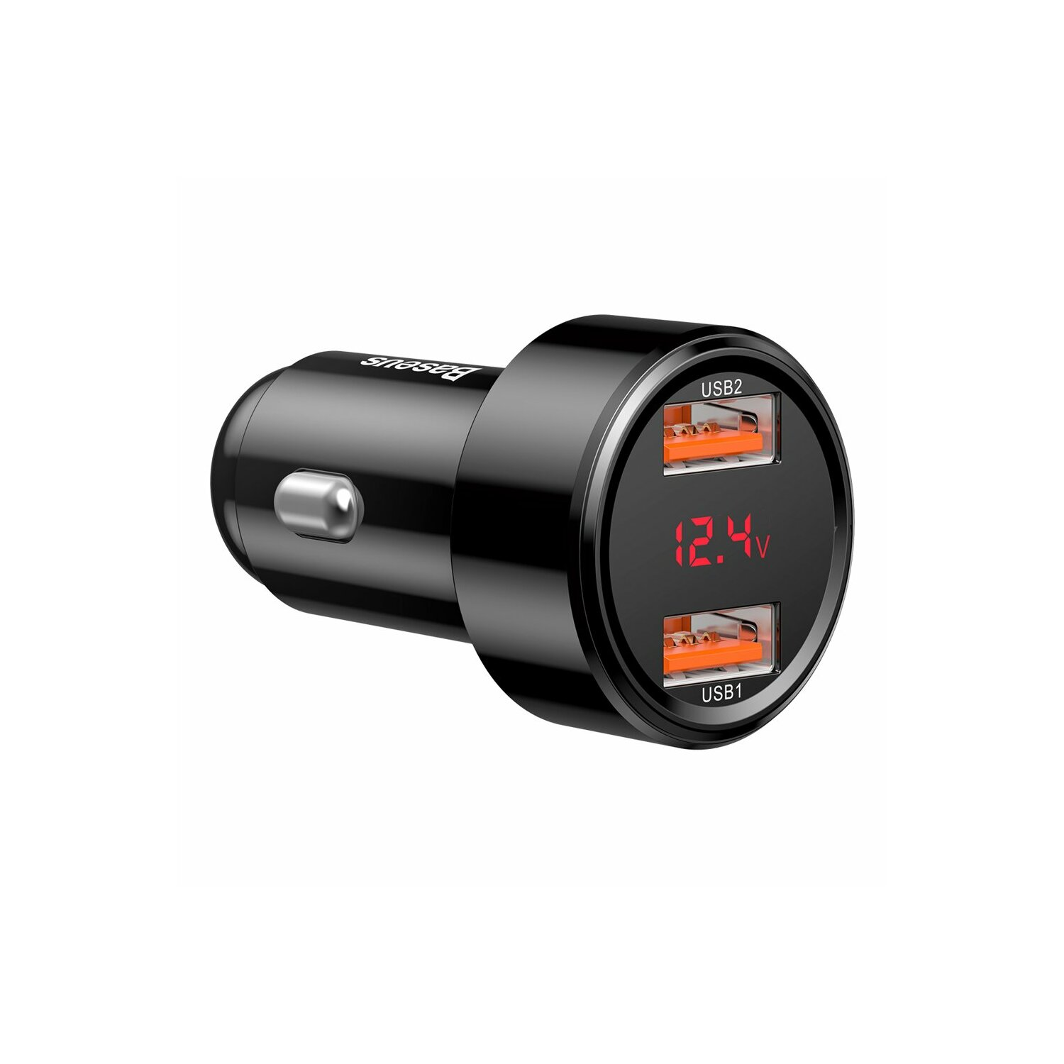 Czarna ładowarka samochodowa z dwoma portami USB. Wyświetla 12,4V na czerwono. Widoczne etykiety 'USB2' i 'USB1'.