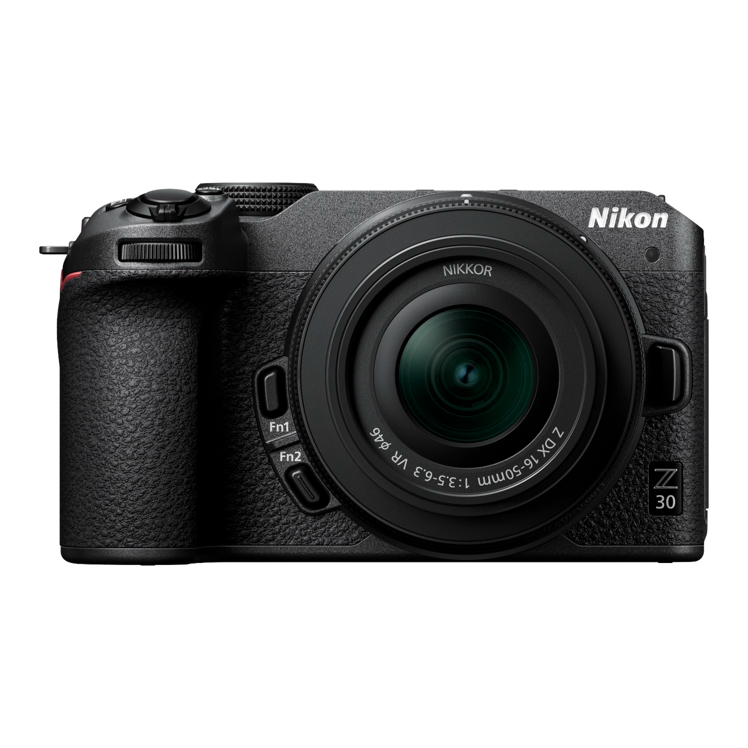 Czarny aparat Nikon Z 30 z obiektywem, na czarnym tle, widok z przodu.