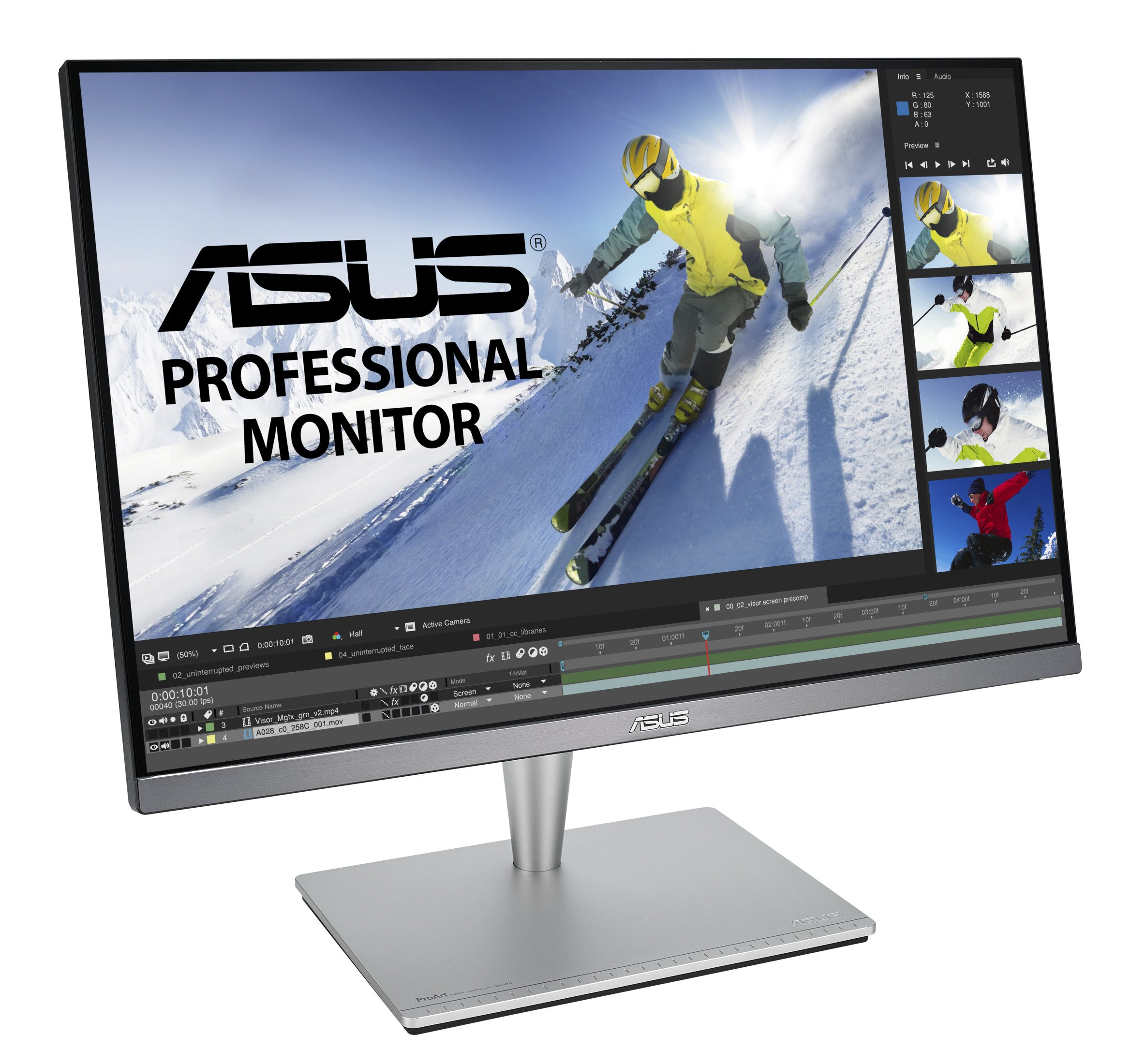 Monitor profesional ASUS con pantalla mostrando esquiador y herramientas de edición de vídeo.