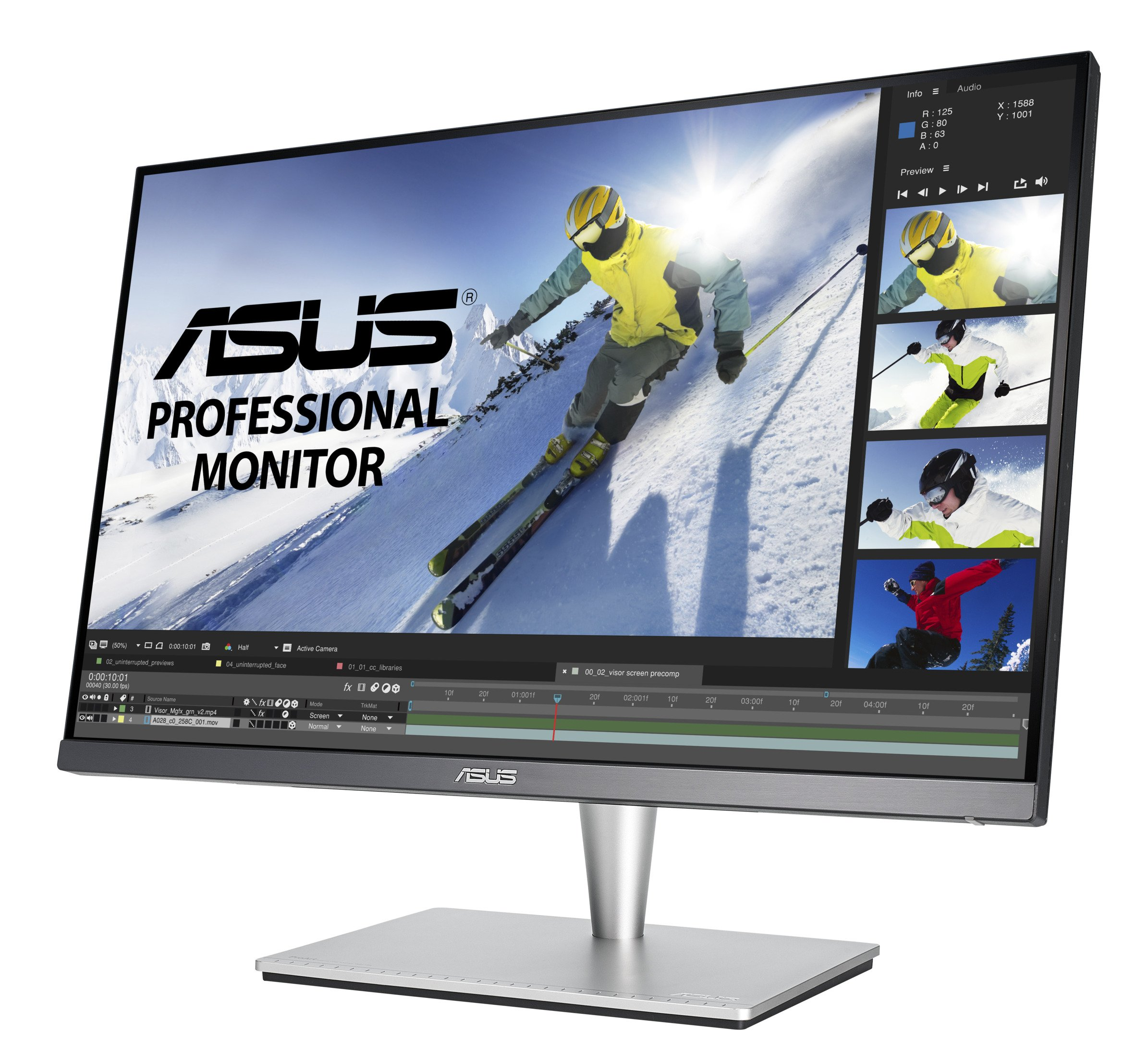 Monitor profesional ASUS que muestra una interfaz de edición de video con imágenes de esquiadores.