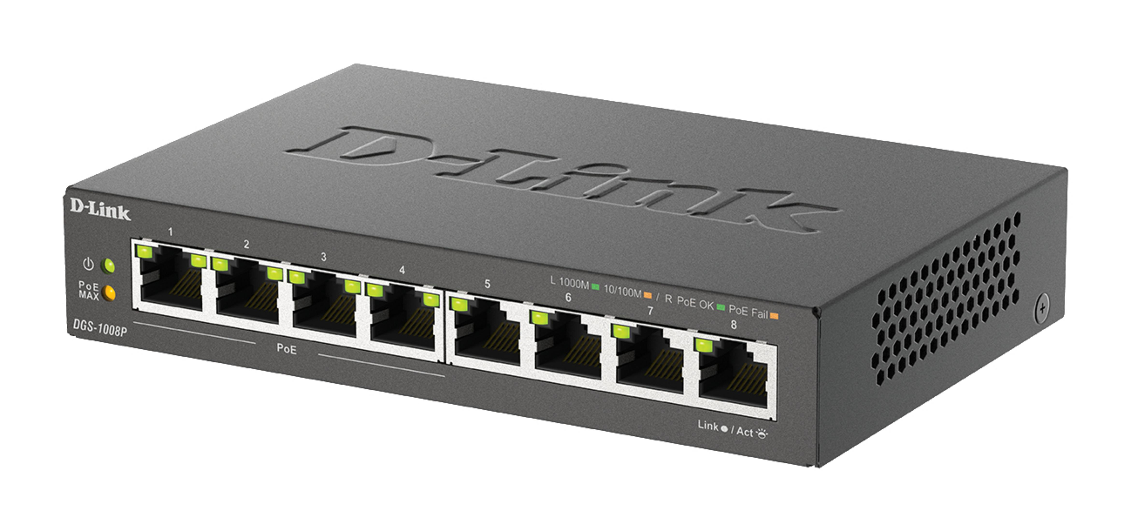Switch di rete D-Link nero con 8 porte. Etichette sul dispositivo.