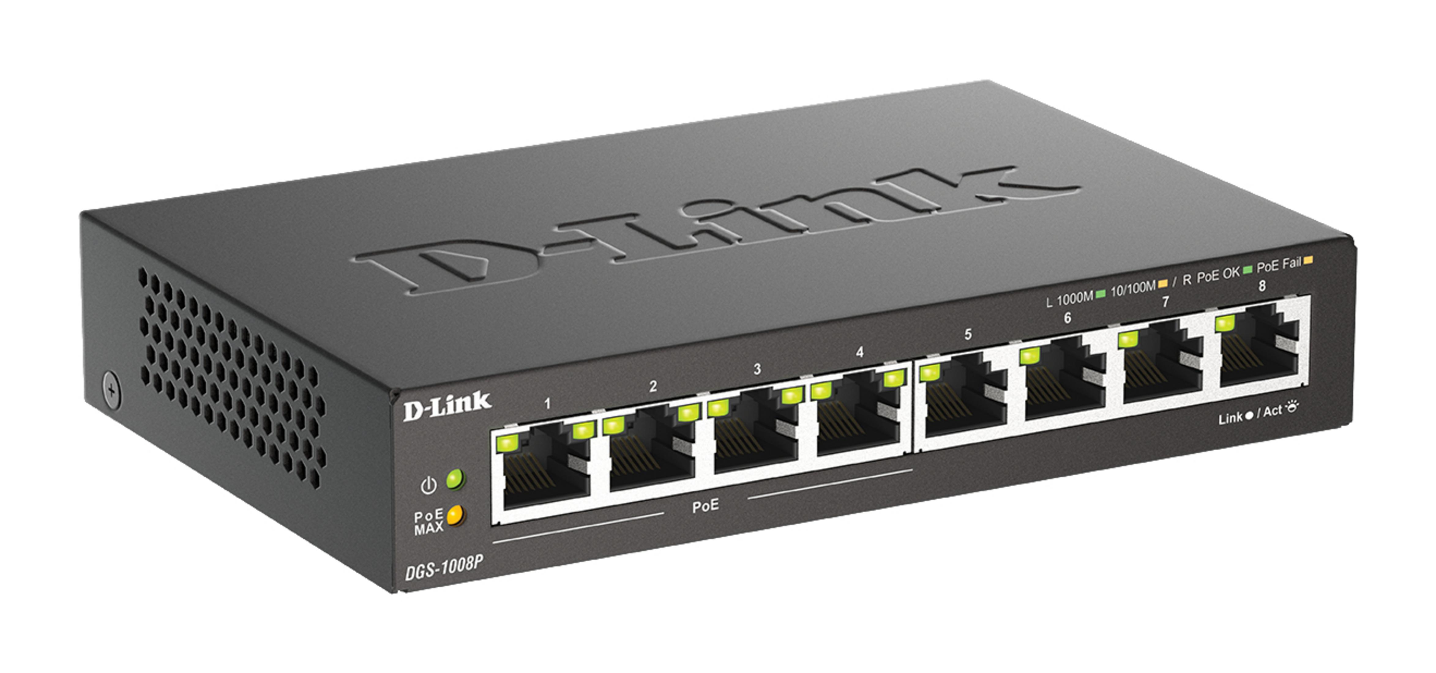 Switch D-Link nero con 8 porte, luci verdi e logo D-Link.