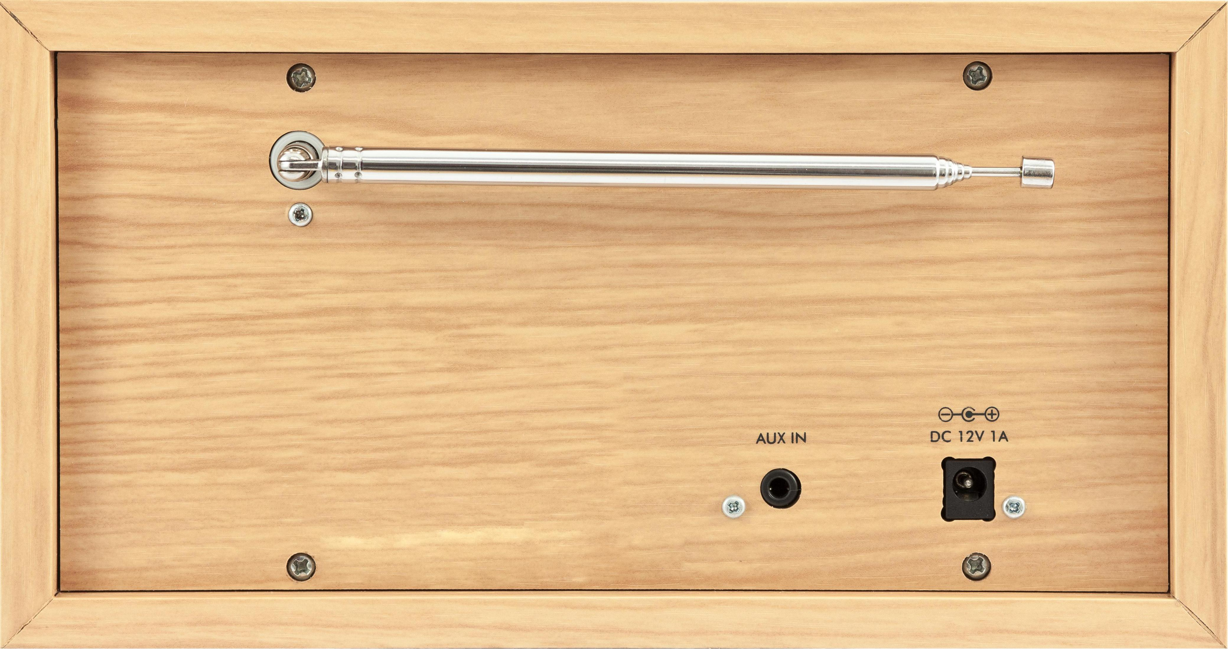 Drewniany panel tylny radia z elementami sterującymi, anteną i portami. Białe tło.