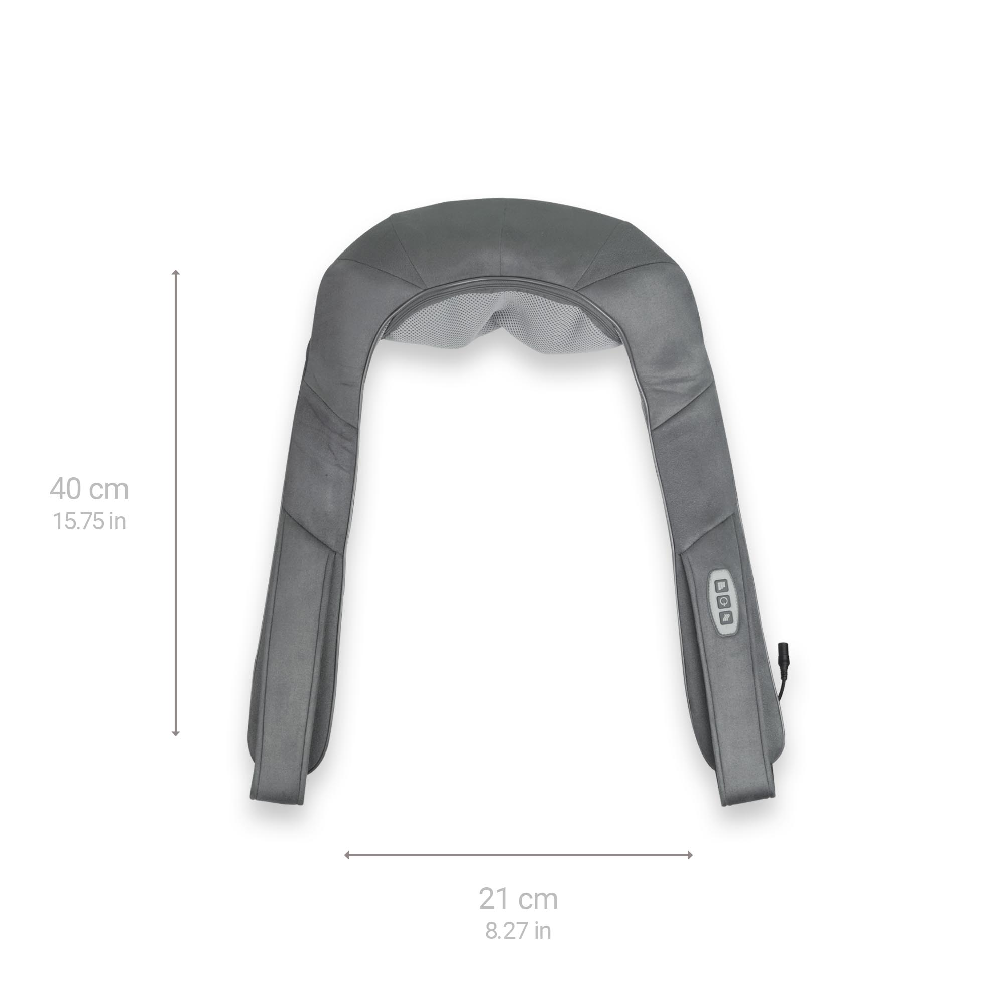 Dispositivo di massaggio grigio a forma di U, con misure: 40 cm, 21 cm.
