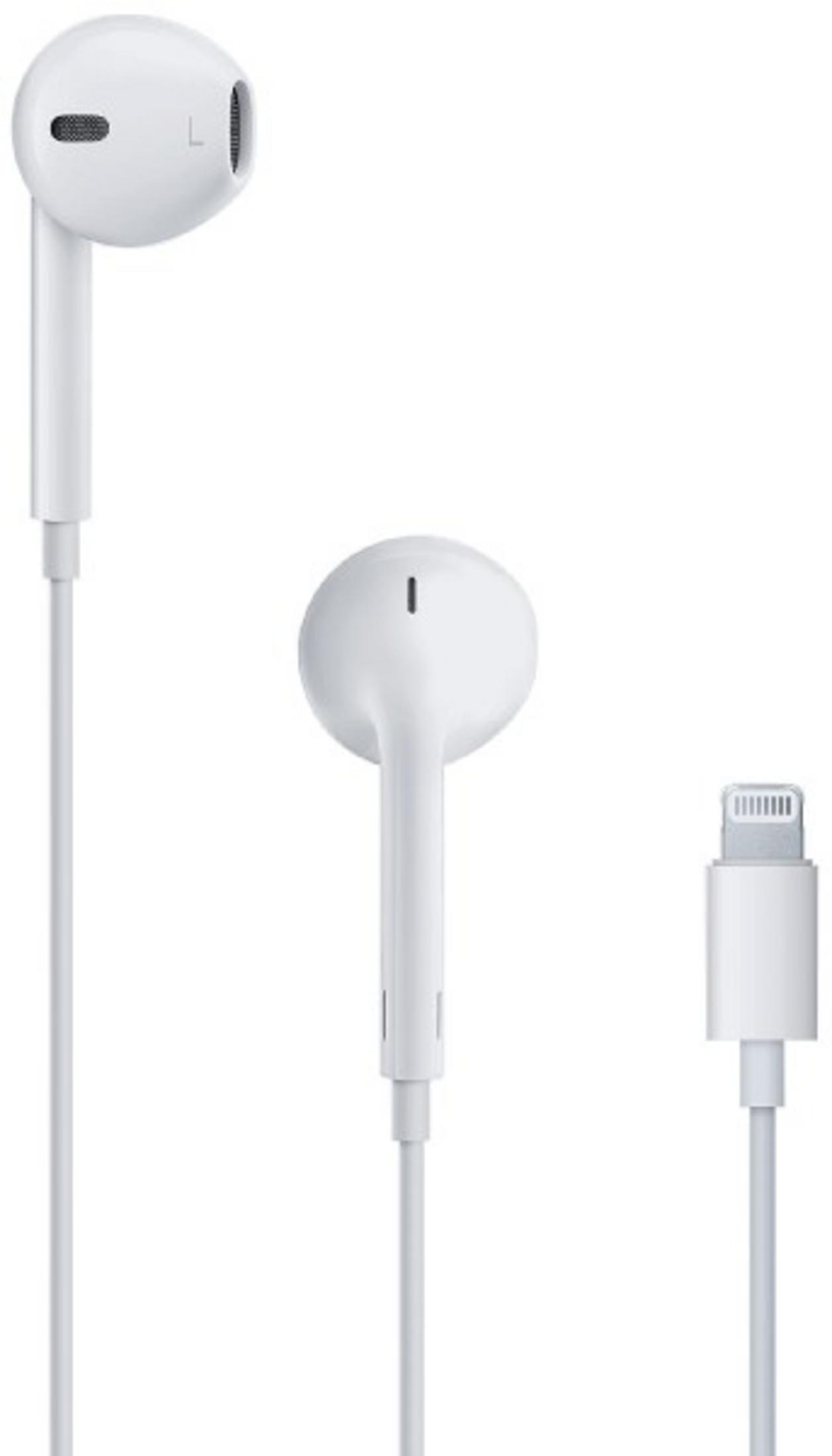 Białe słuchawki Apple z złączem Lightning i kablem.