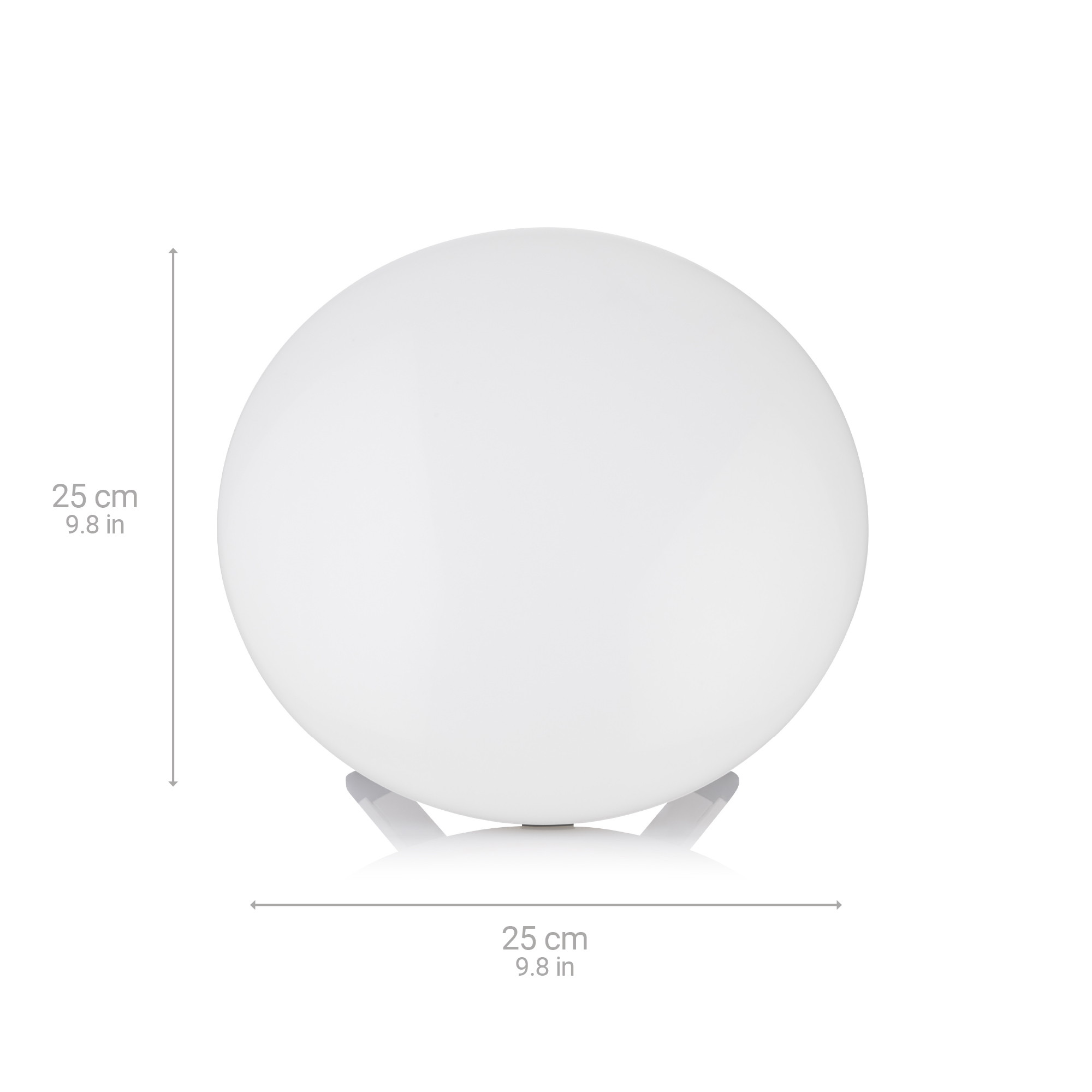 Weiße Kugellampe. Gemessen mit 25 cm. Klarer Ständer unten. Weißer Hintergrund.