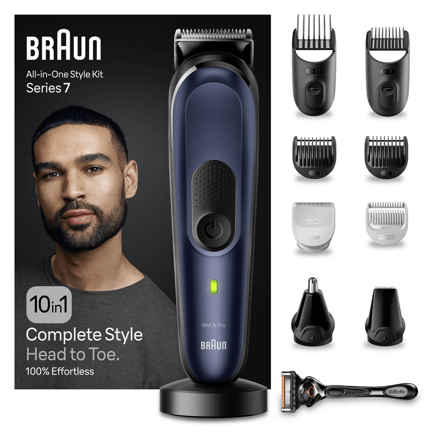 Man met baard en een trimmerkit met gereedschap. Witte achtergrond.