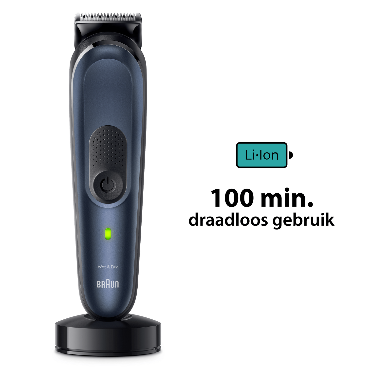 Blauwe Braun haartrimmer op een standaard. Tekst: 'Li-Ion' en '100 min. draadloos gebruik'.