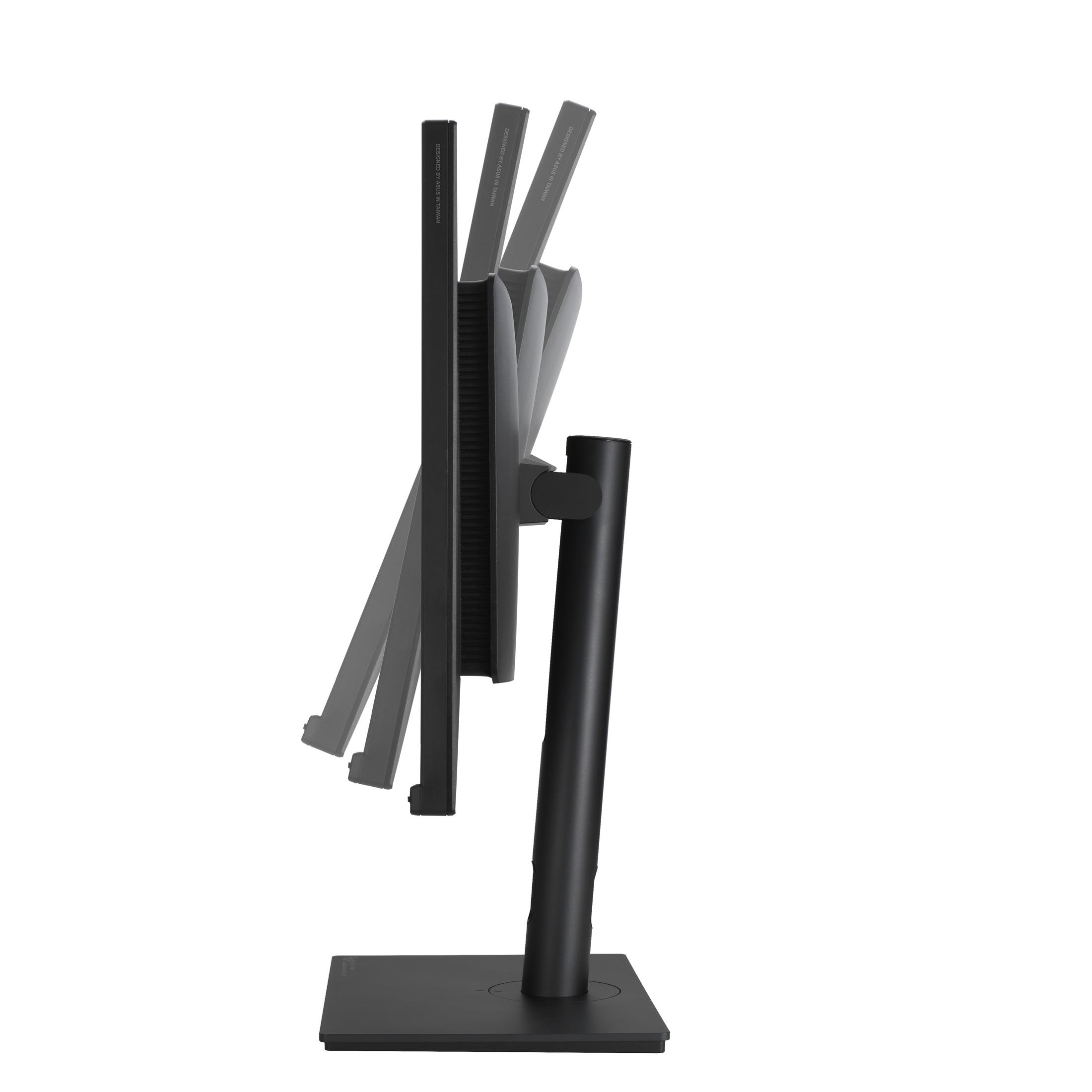 Widok z boku czarnego monitora. Monitor jest pochylony w wielu pozycjach. Czarny stojak.