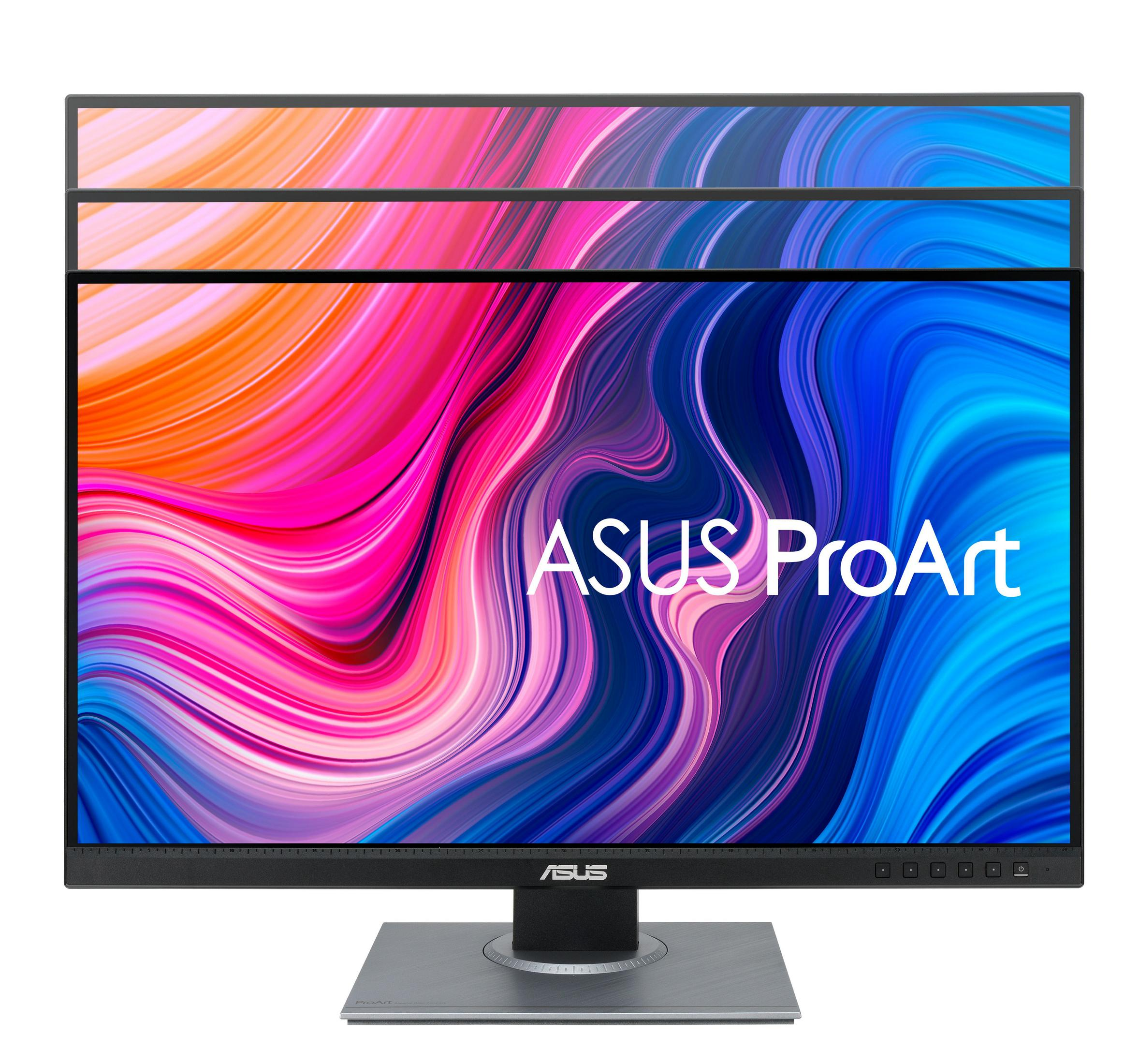 Monitor ASUS ProArt wyświetla kolorowy obraz abstrakcyjny. Czarny stojak wspiera ekran.