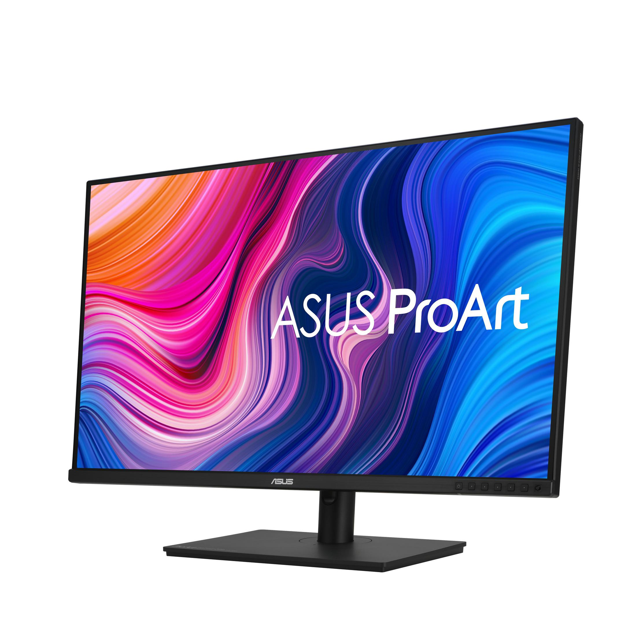 Monitor Asus ProArt. Czarny, prostokątny ekran z kolorowym, abstrakcyjnym wzorem. Czarna podstawka. Białe tło.