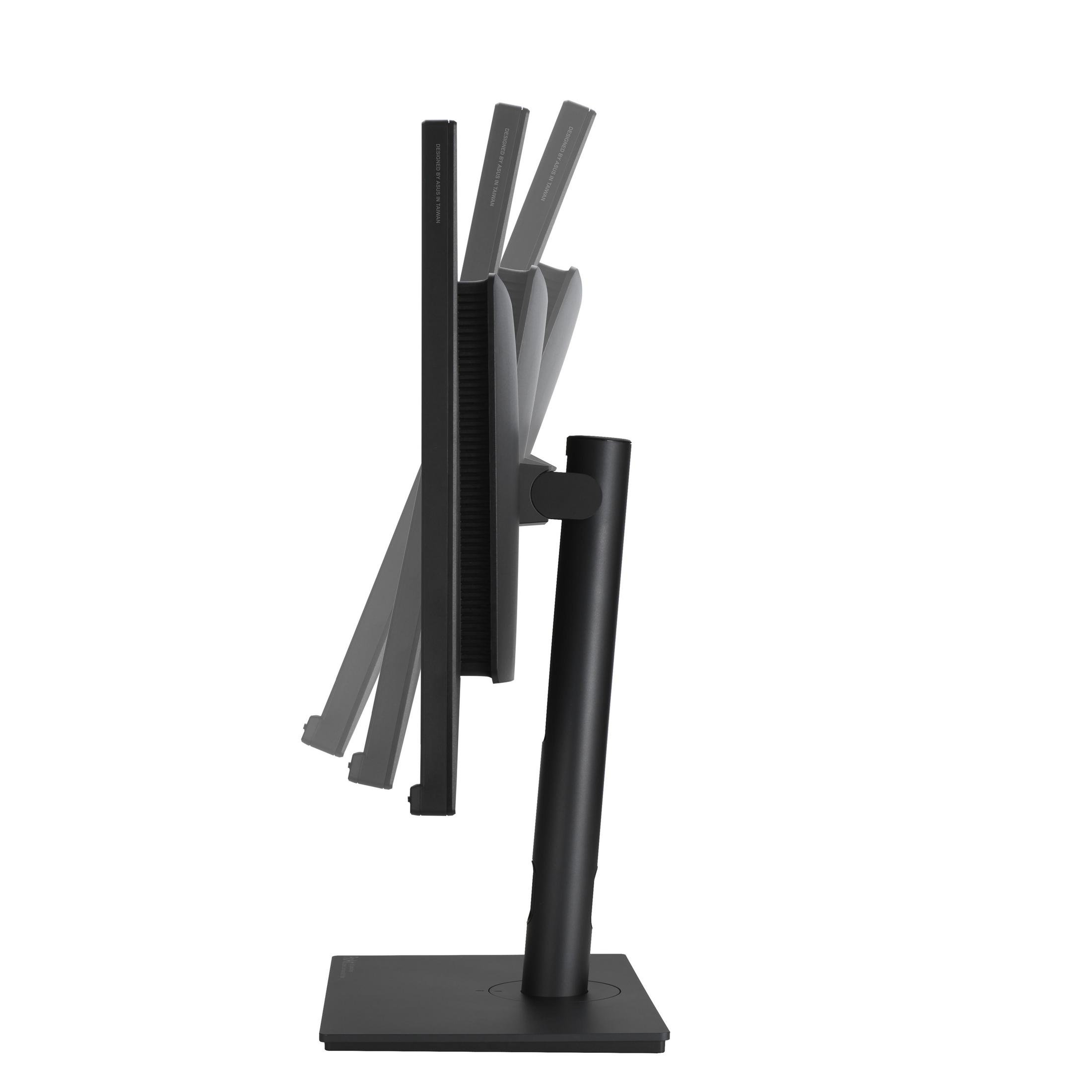 Czarny monitor komputera, widok z boku, z regulowanym stojakiem.