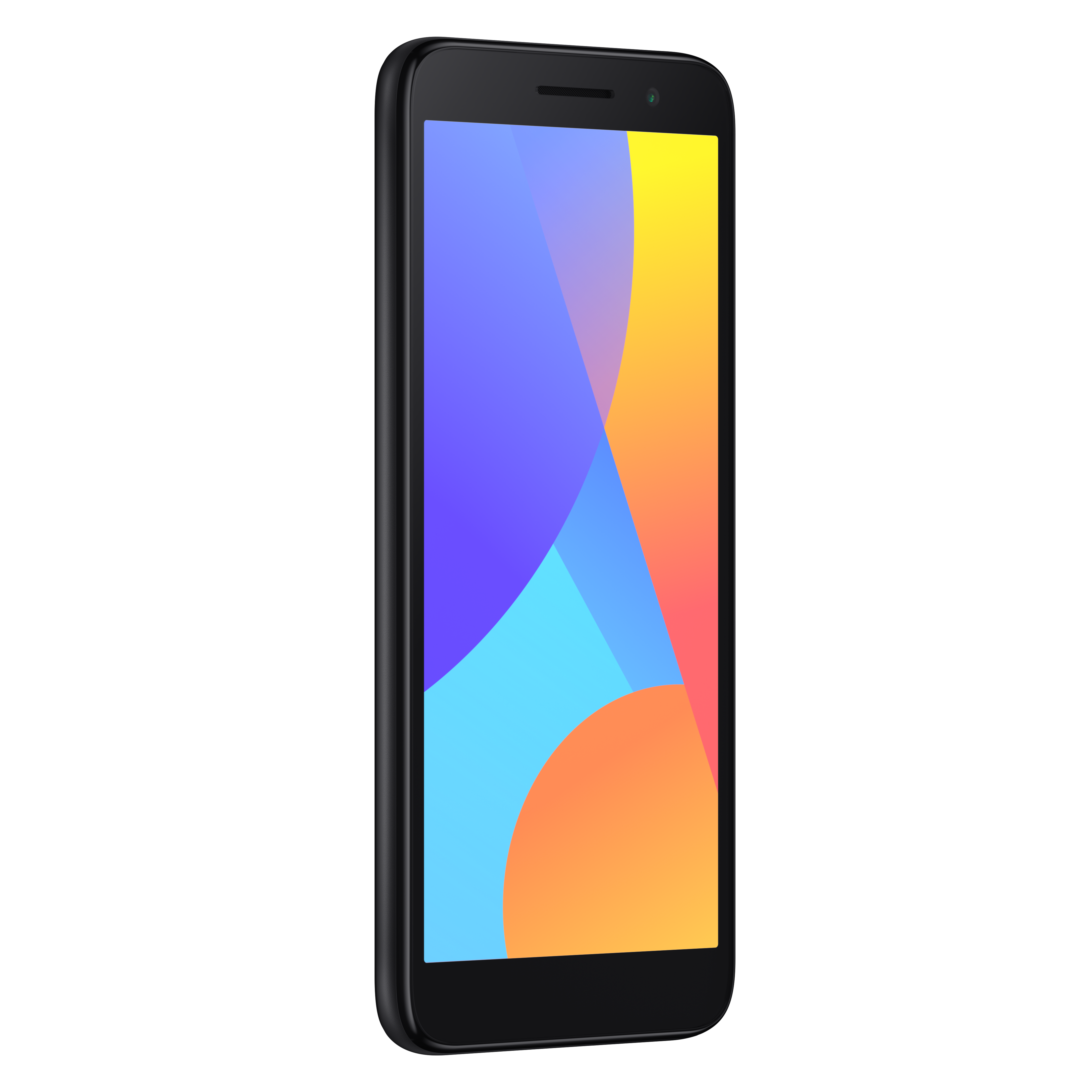 Smartphone nero con sfondo astratto colorato sullo schermo, contro uno sfondo nero.