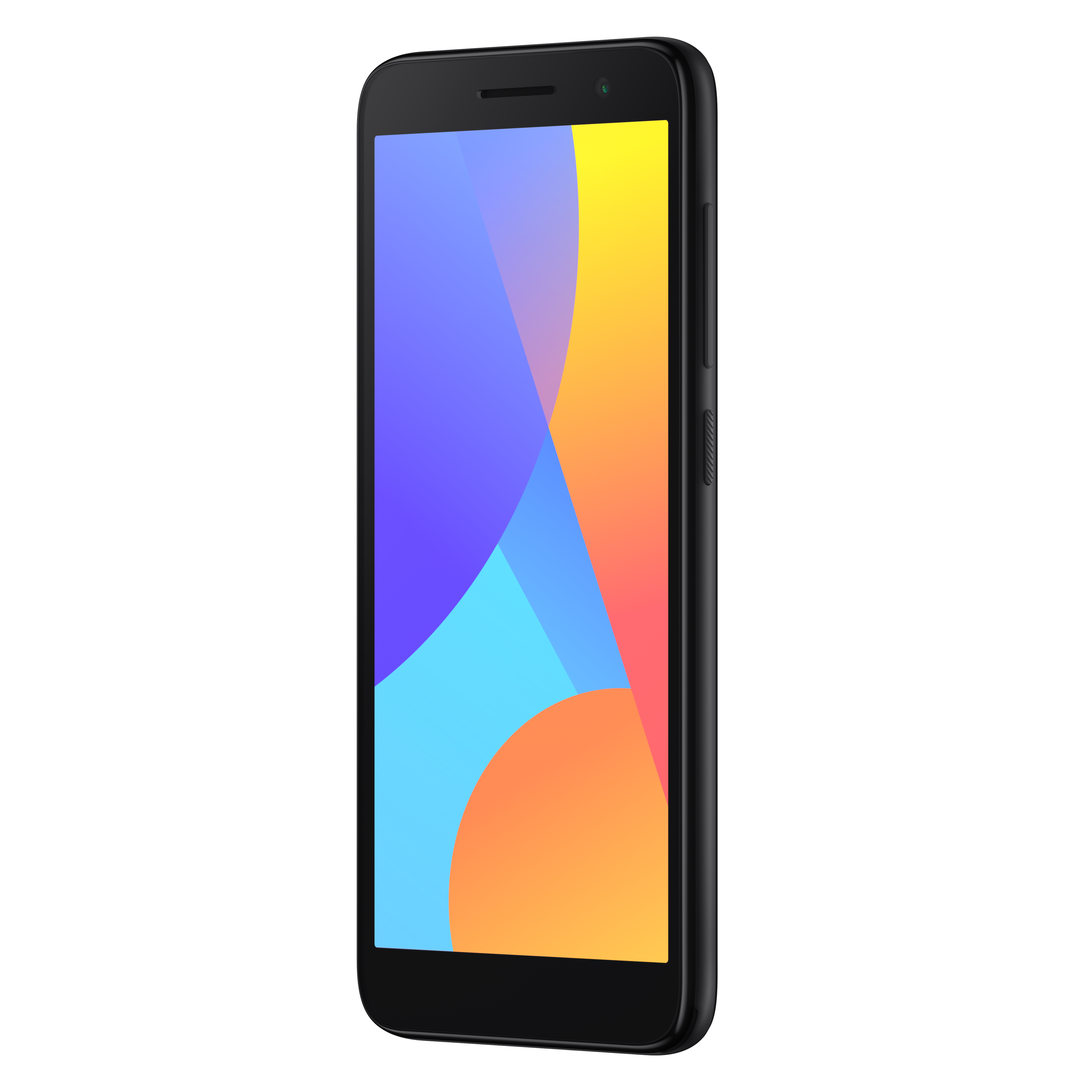 Smartphone nero con schermo colorato, visto di lato su sfondo nero.