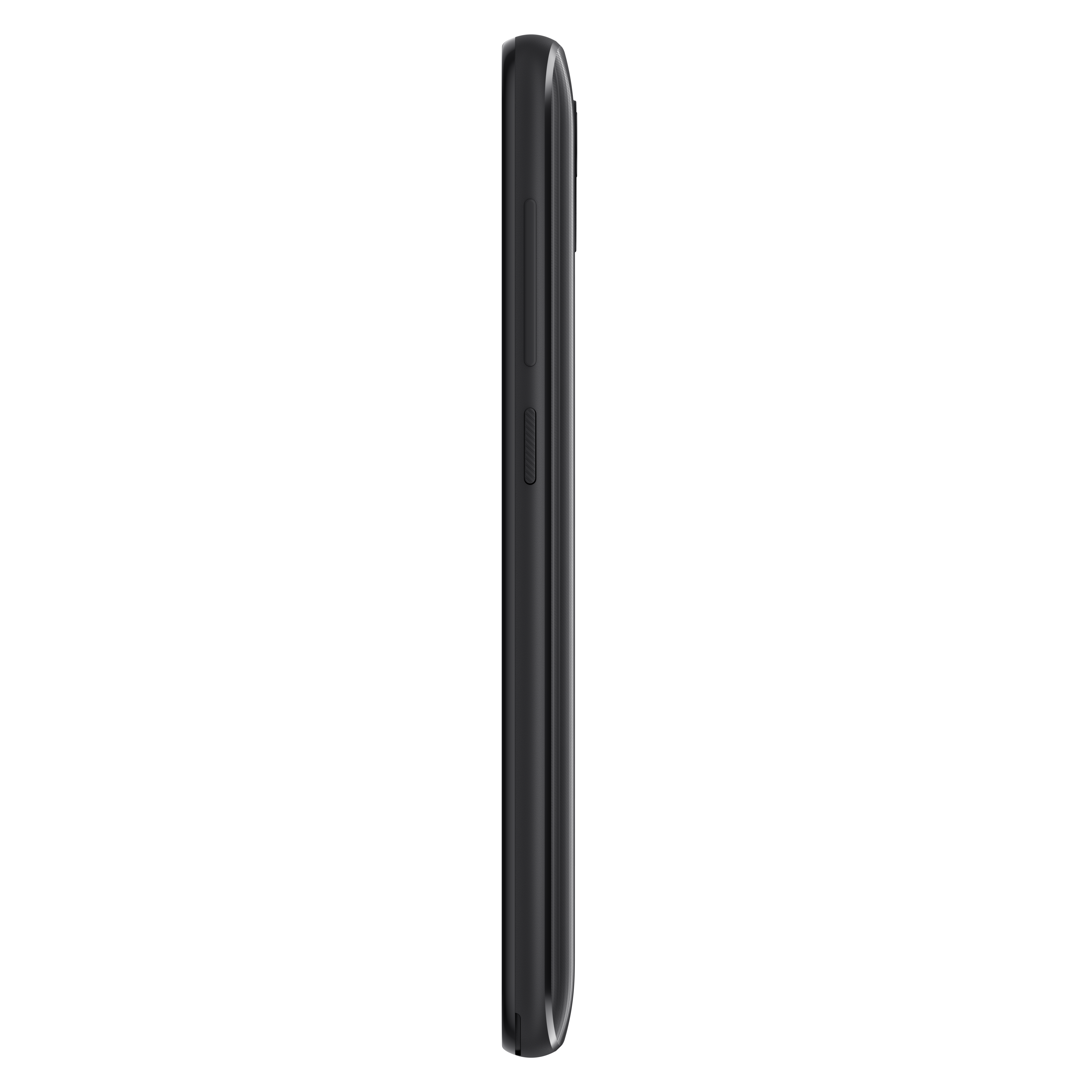 Vista laterale di uno smartphone nero. È sottile, con un bilanciere del volume sul lato. Sfondo nero.