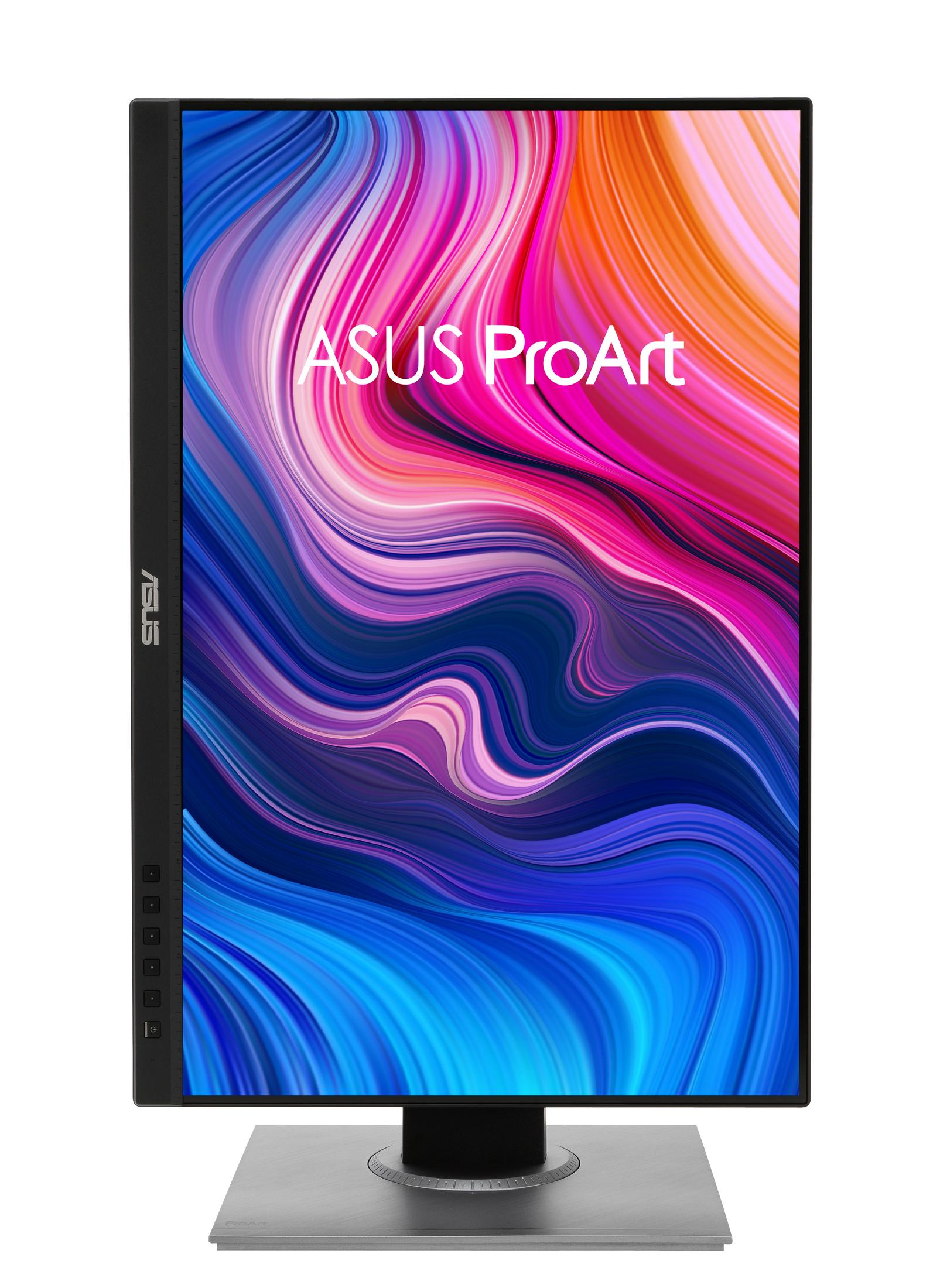 Monitor komputera, ekran wyświetla kolorową sztukę abstrakcyjną i logo ASUS ProArt.