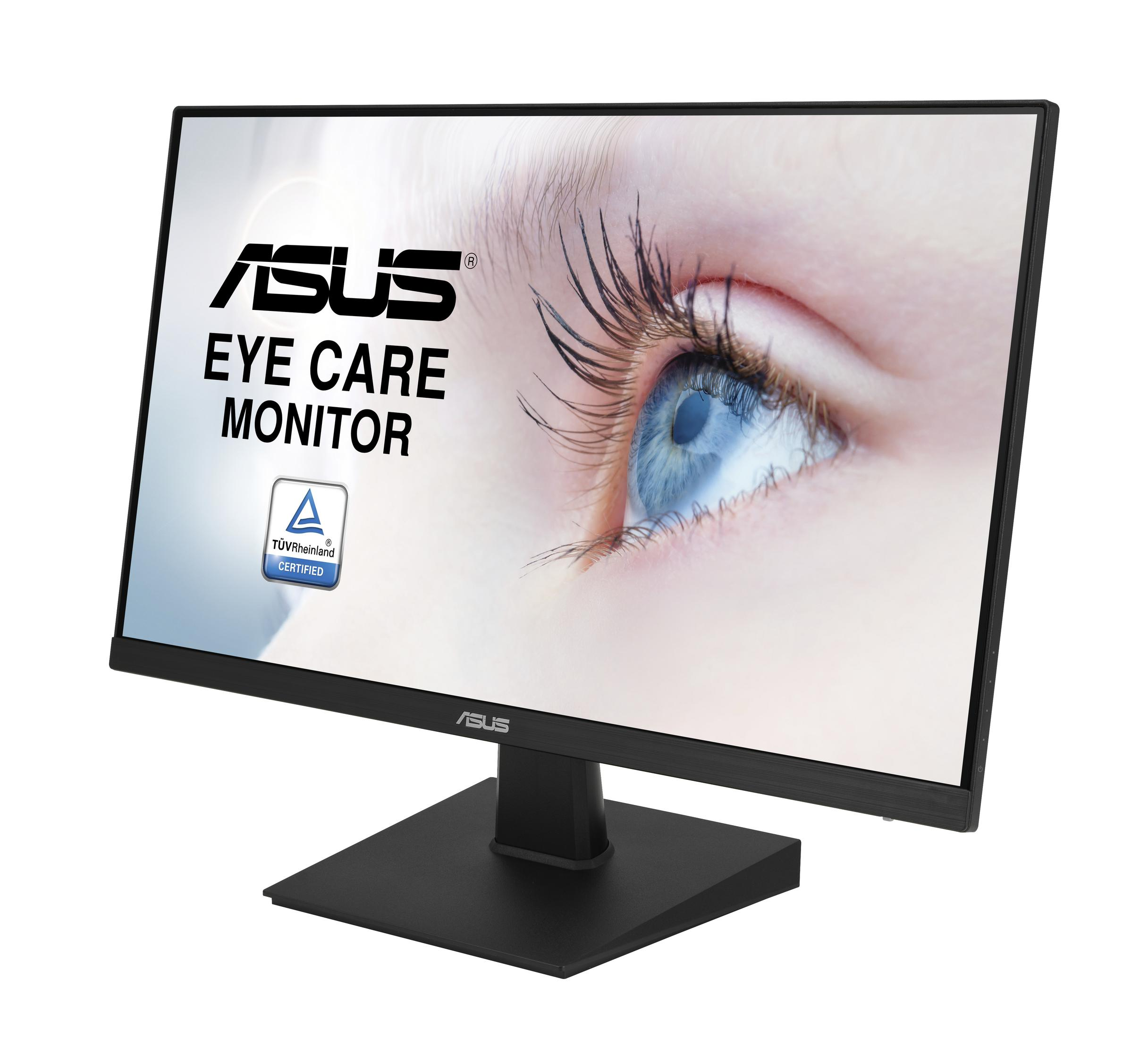 Un monitor ASUS Eye Care muestra un primer plano de un ojo azul. El texto dice 'ASUS EYE CARE MONITOR'.