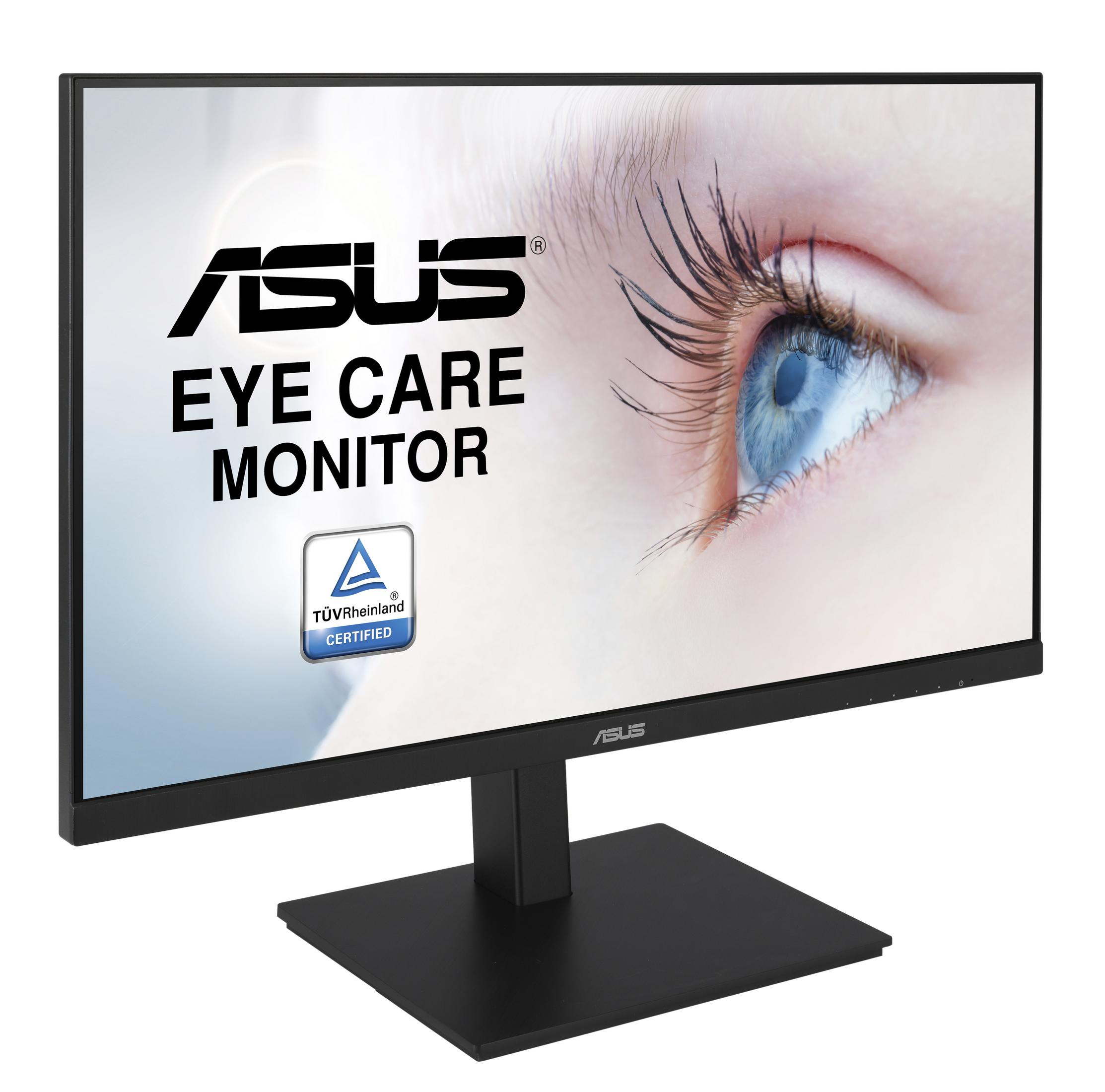 Zwarte ASUS eye care monitor met tekst en oogafbeelding, witte achtergrond, schuine weergave.