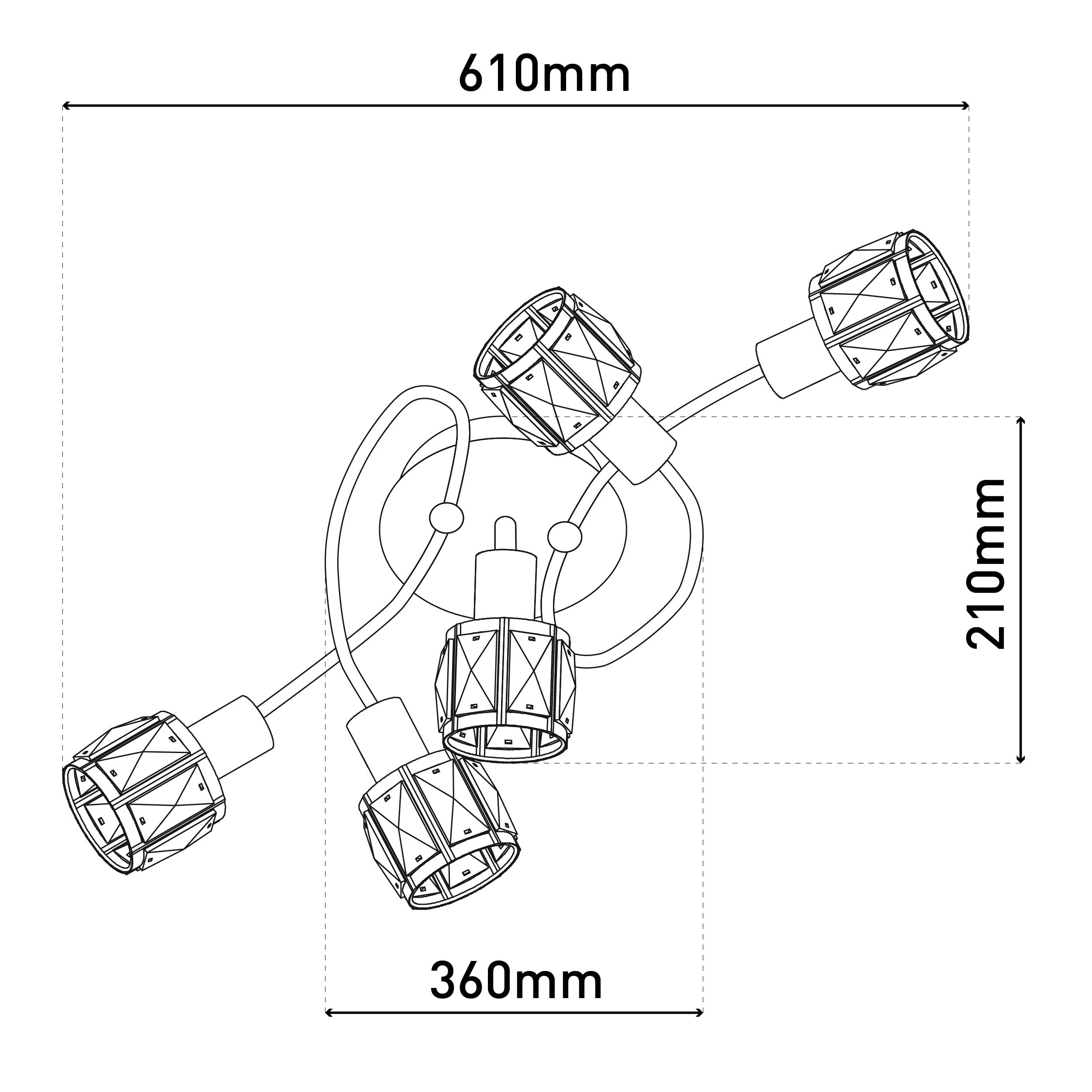 Strichzeichnung eines Kronleuchters mit vier Lichtern, mit Abmessungen: 610mm x 210mm x 360mm.