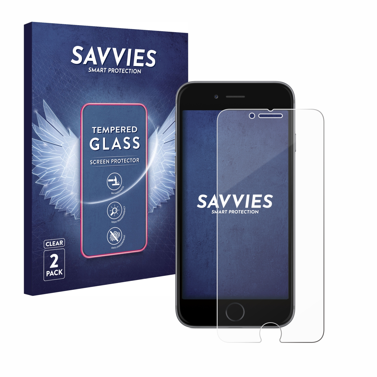 Schwarzes Smartphone mit Displayschutz und Schachtel SAVVIES-Hartglas.