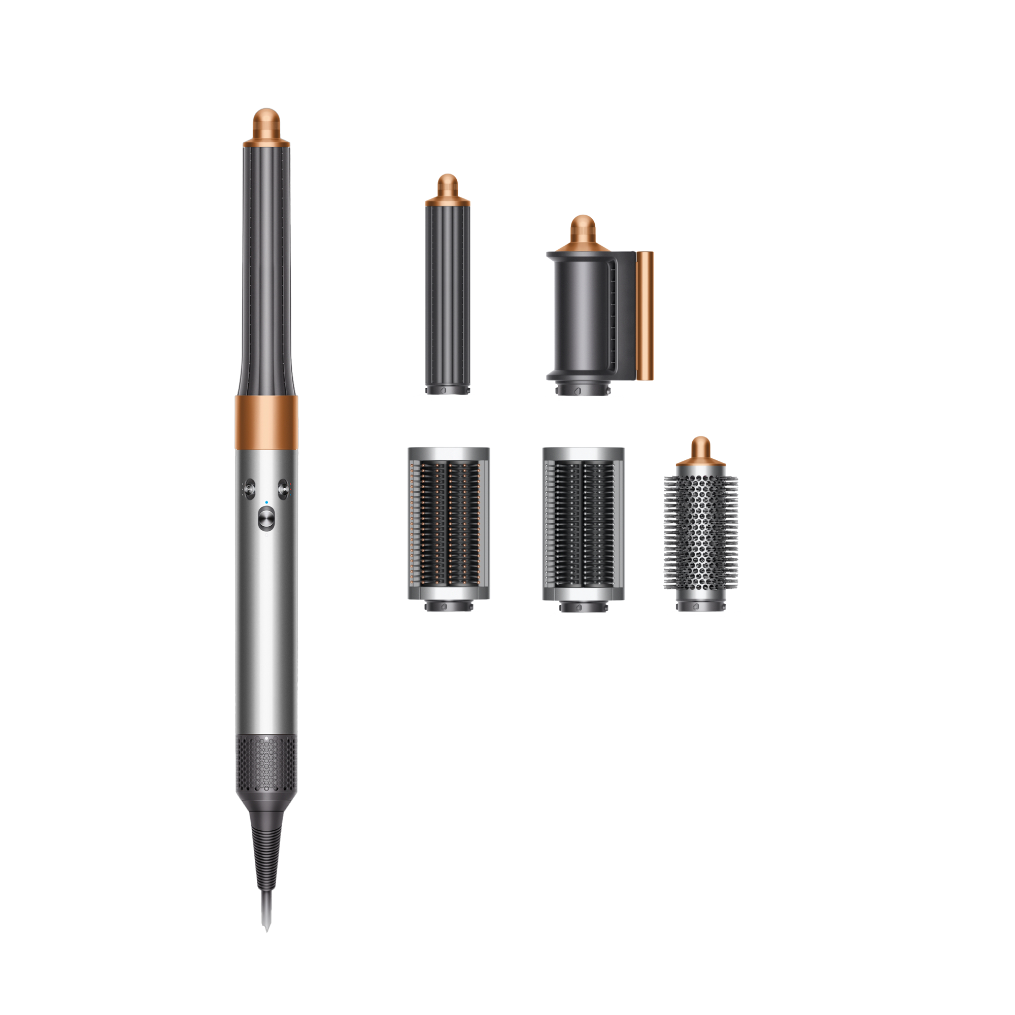 Ein silbernes und kupferfarbenes Haarstyling-Werkzeug mit verschiedenen Aufsätzen auf Schwarz.