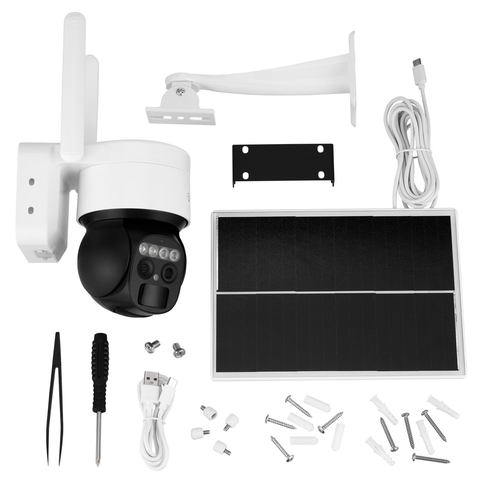 Sicherheitskamerakomponenten: Kamera, Solarpanel, Halterung, Schrauben und Kabel.