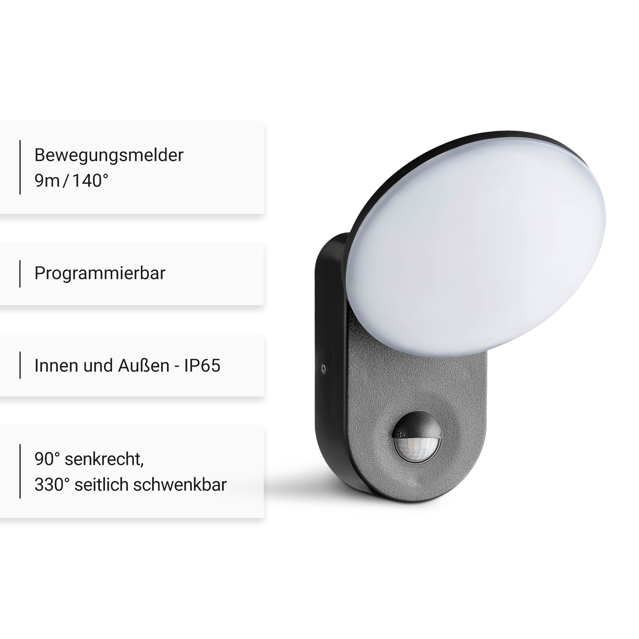 Eine schwarze Außenleuchte mit ovalem weißem Licht und Bewegungssensor. Text links.