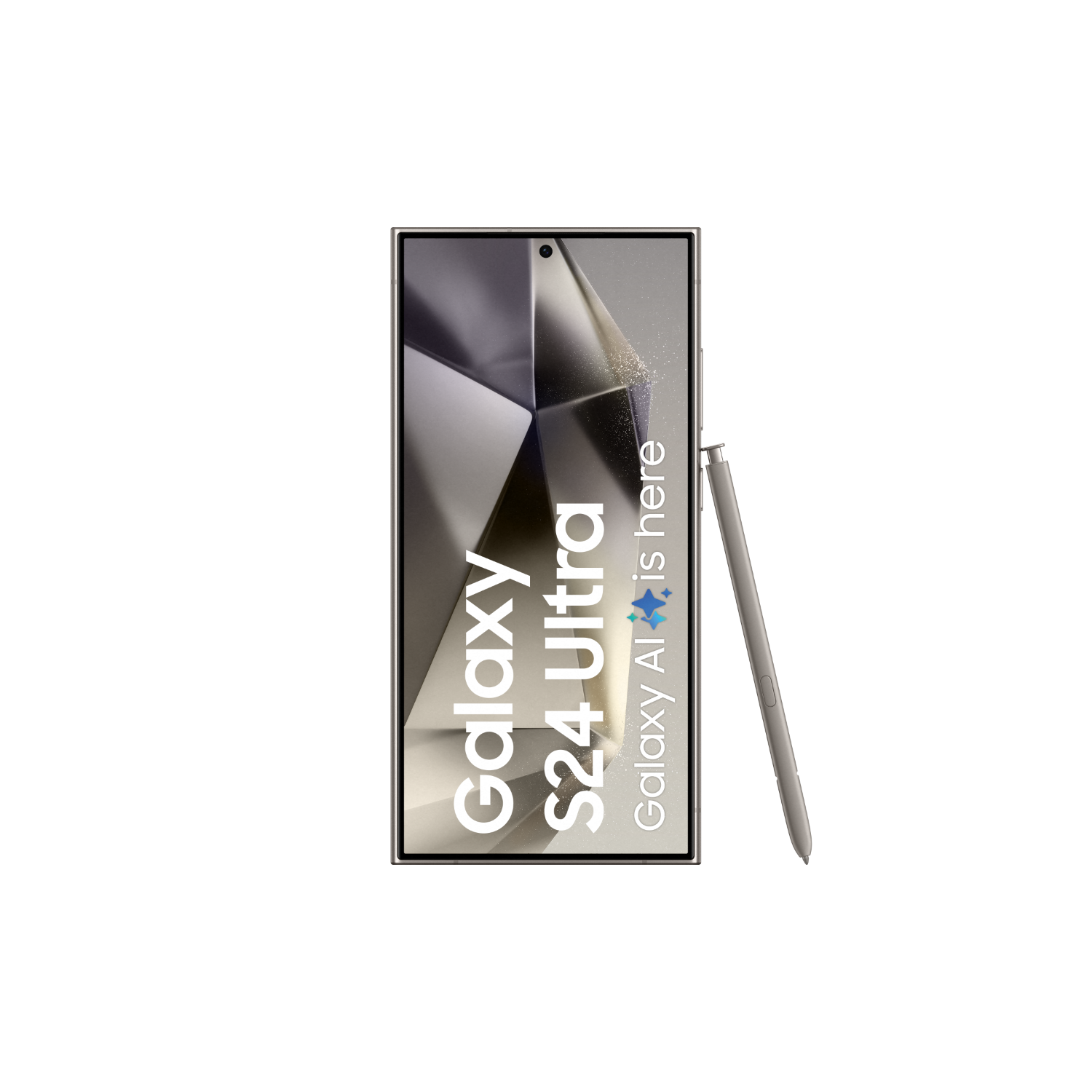 Telefon Samsung Galaxy S24 Ultra z rysikiem na czarnym tle.
