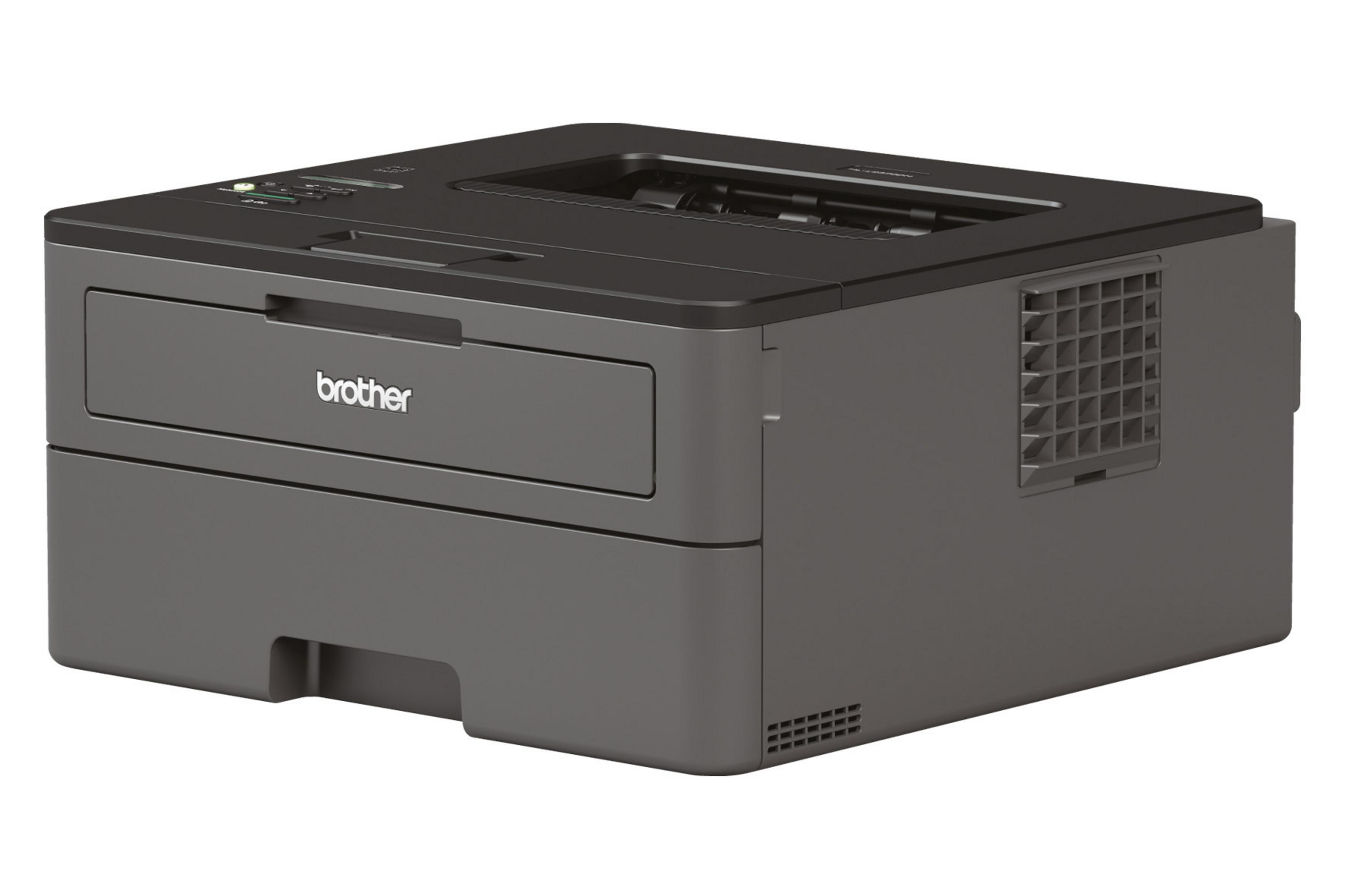 Una stampante laser Brother grigio scuro con un cassetto aperto, isolata su sfondo bianco.
