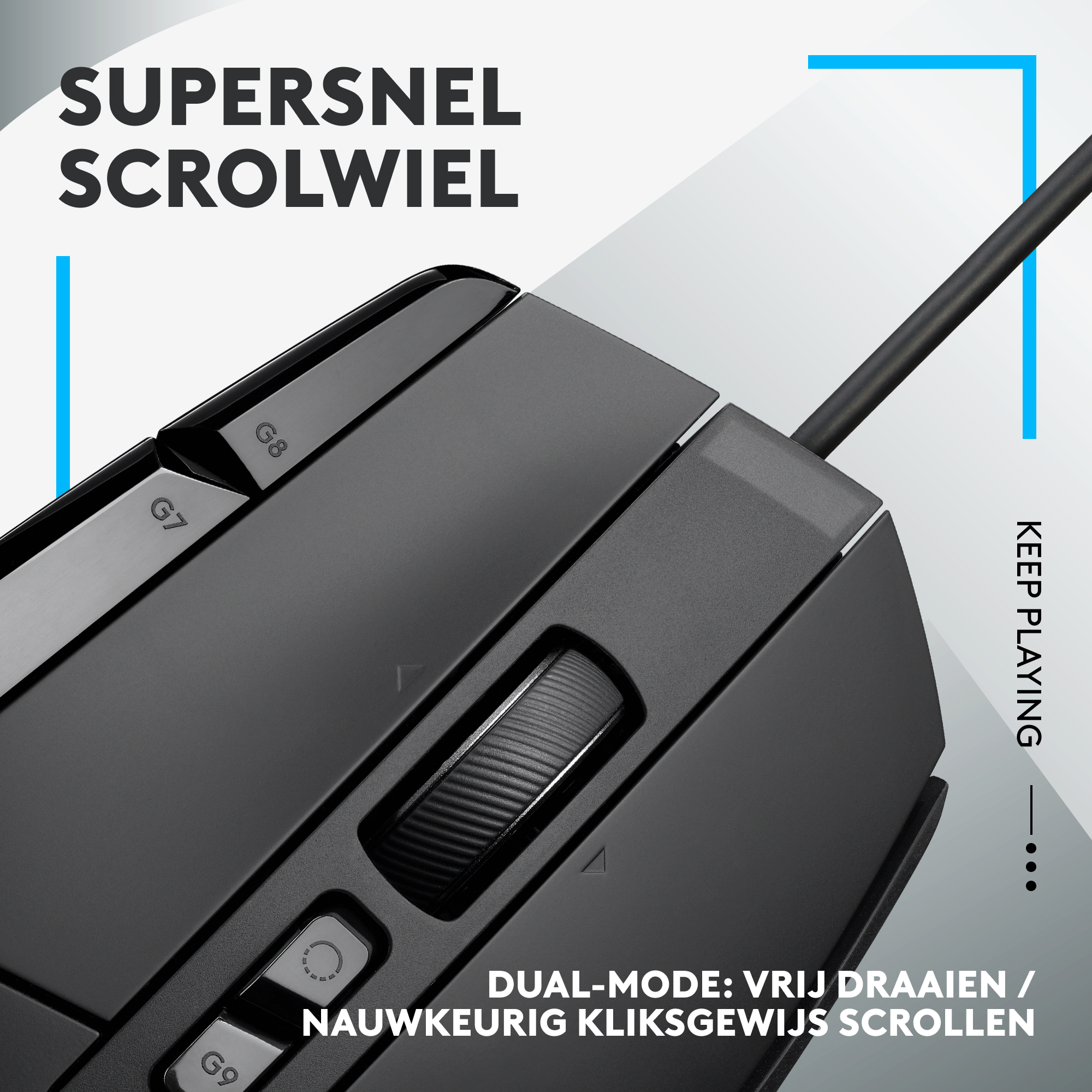 Czarna mysz komputerowa z kółkiem przewijania. Tekst mówi: 'Super szybkie kółko przewijania' i 'Kontynuuj grę'.