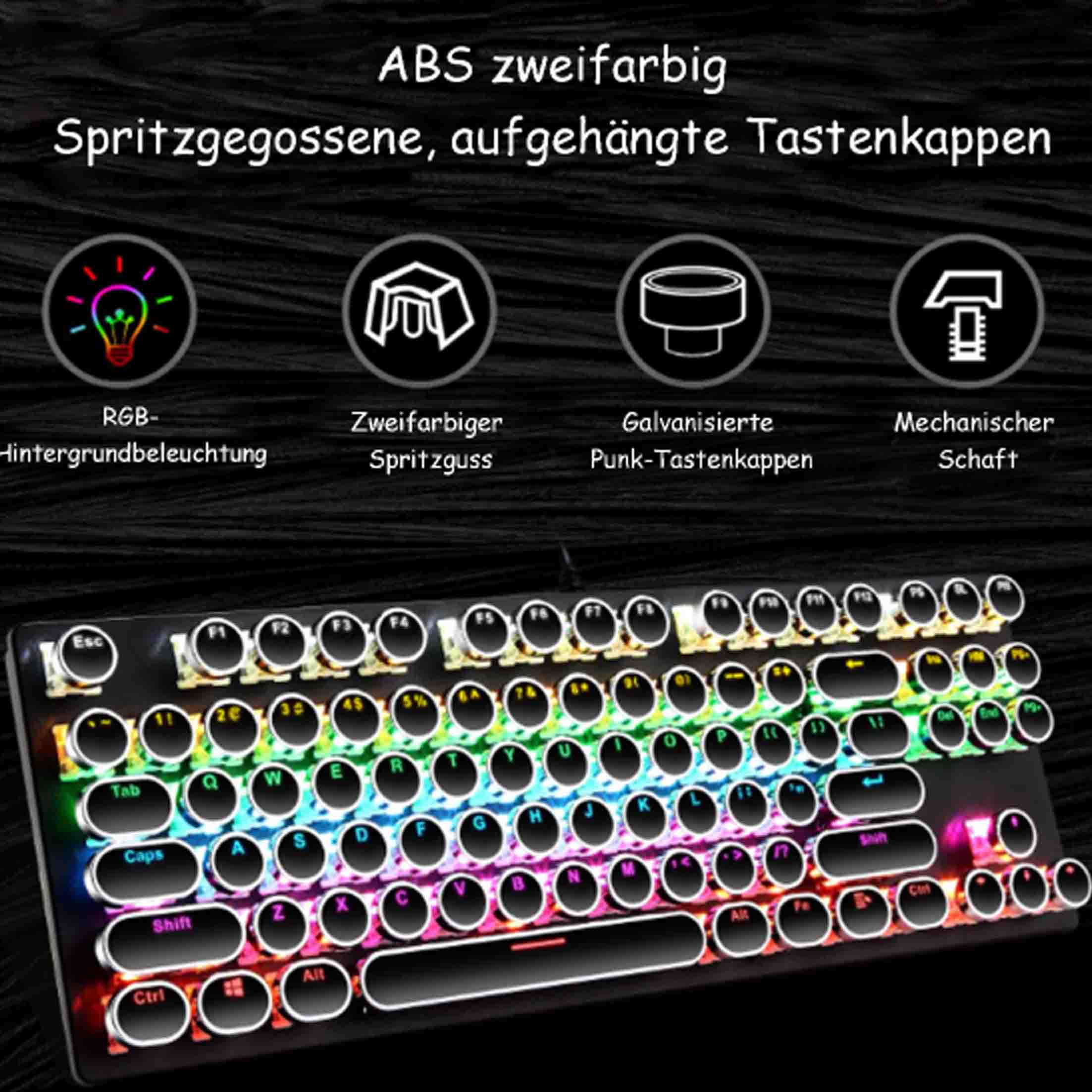 Podświetlana klawiatura z kolorowymi klawiszami. Czarna podstawa z białymi i kolorowymi klawiszami.