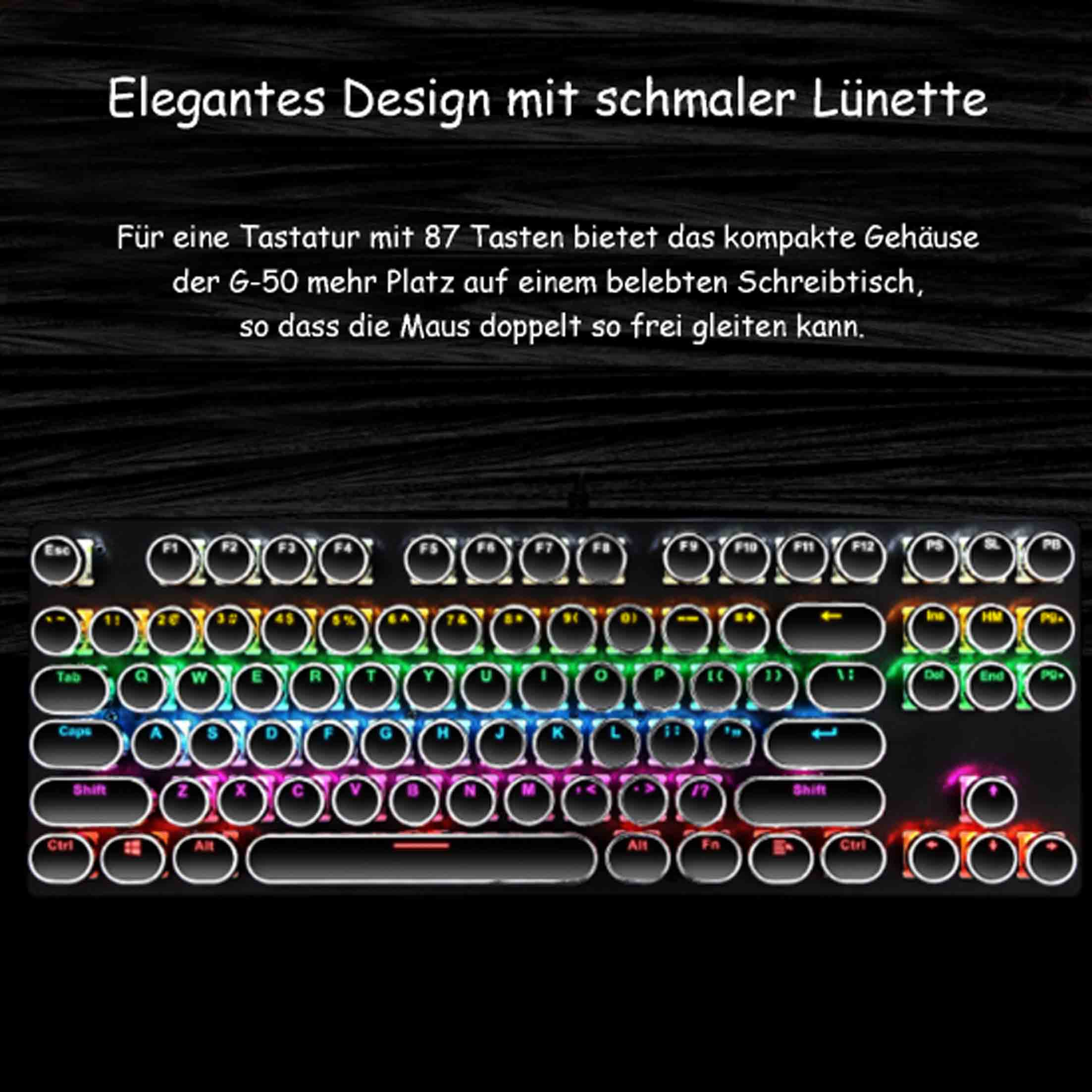 Czarna klawiatura z kolorowymi, okrągłymi klawiszami. Tekst na górze opisuje design.