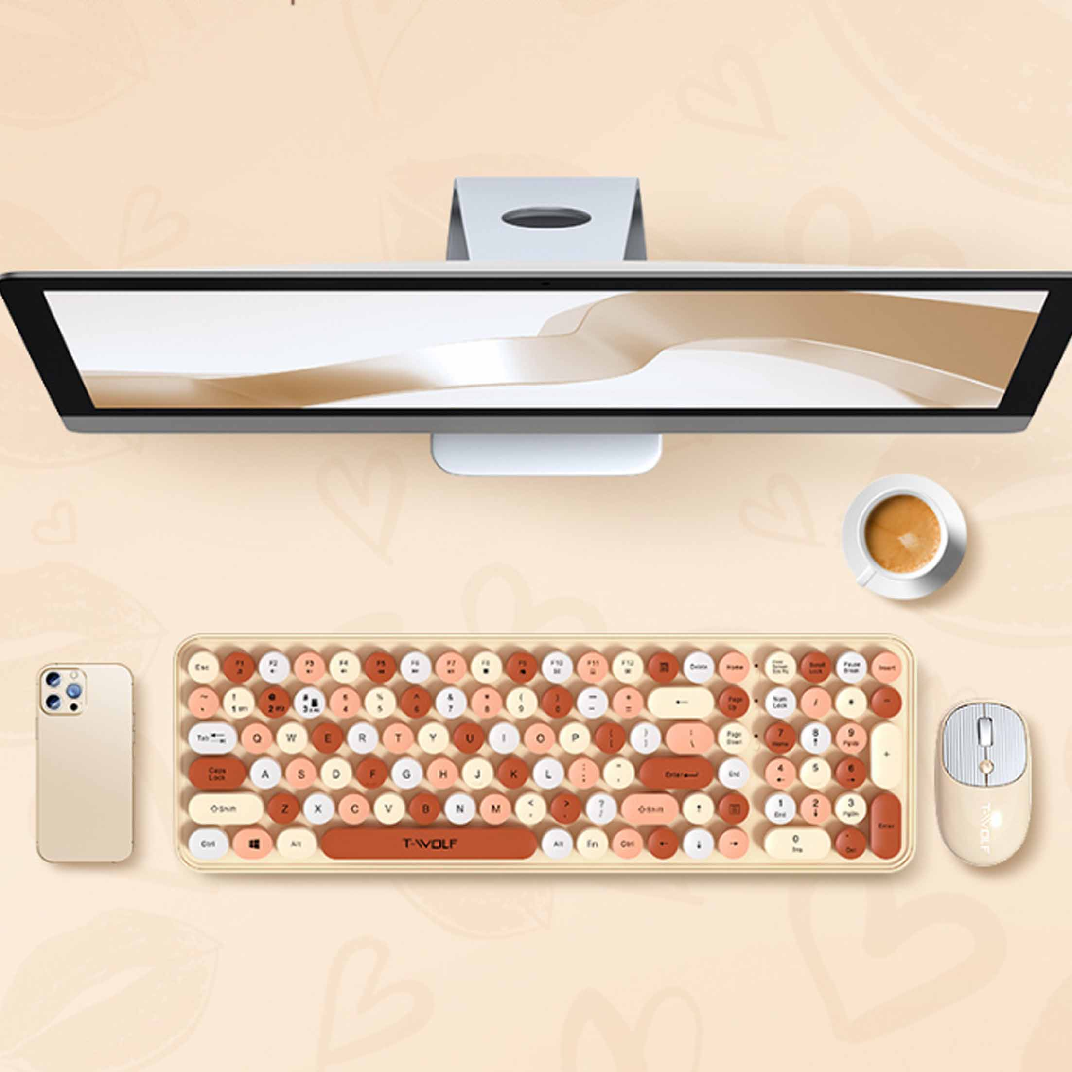 Klawiatura, mysz, telefon i monitor. Klawiatura ma styl retro. Tło ma serca.