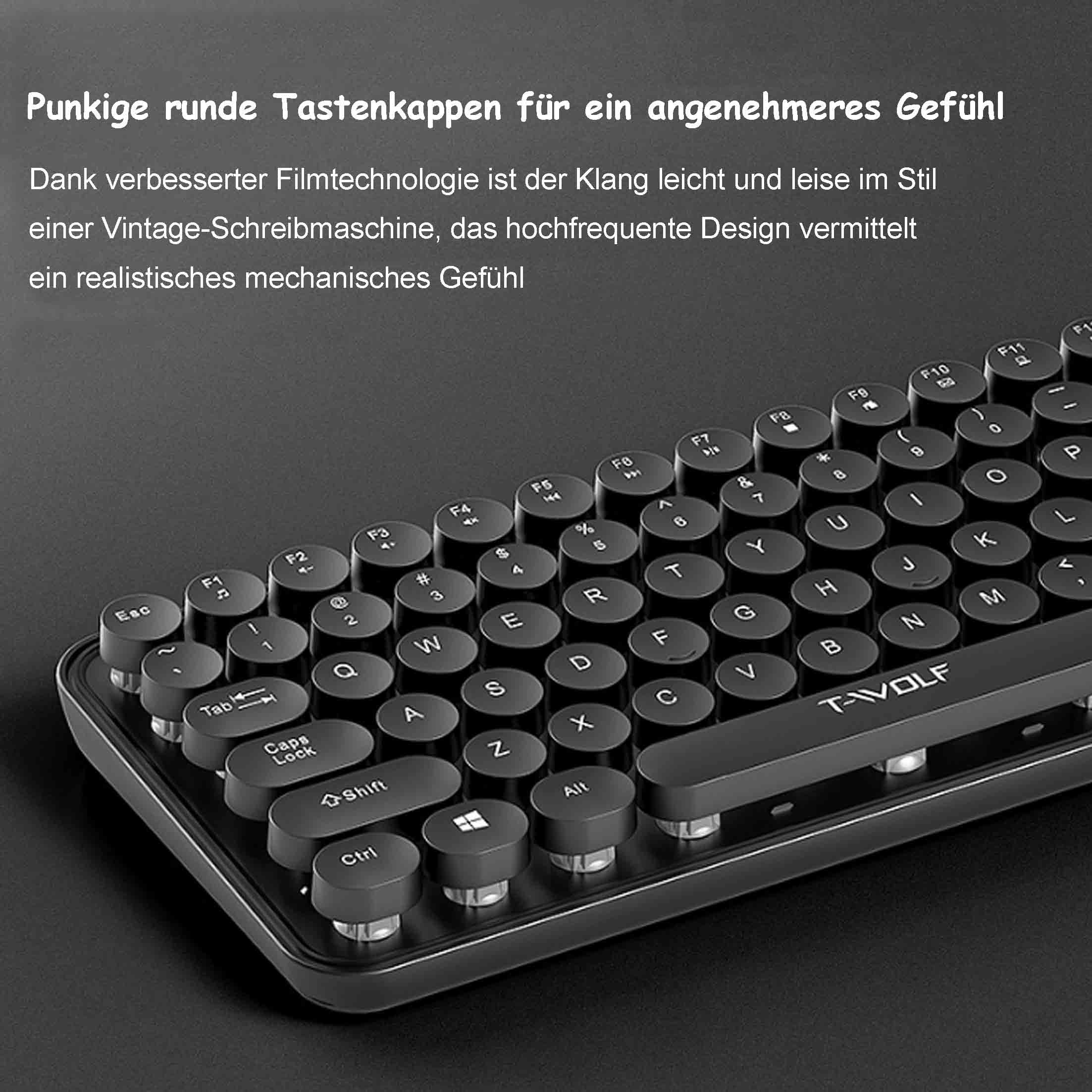 Czarna klawiatura z okrągłymi klawiszami. Klawisze są czarne i białe z literami i symbolami.