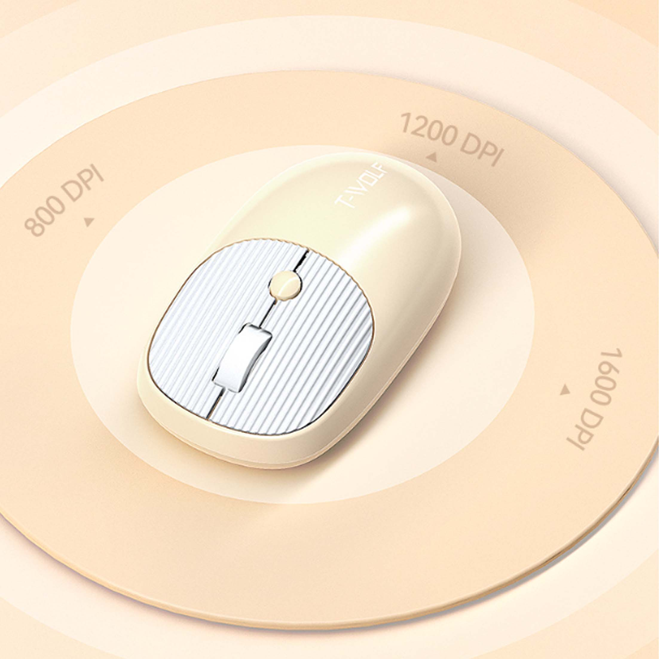 Kremowa mysz bezprzewodowa z ustawieniami DPI na okrągłej podkładce.