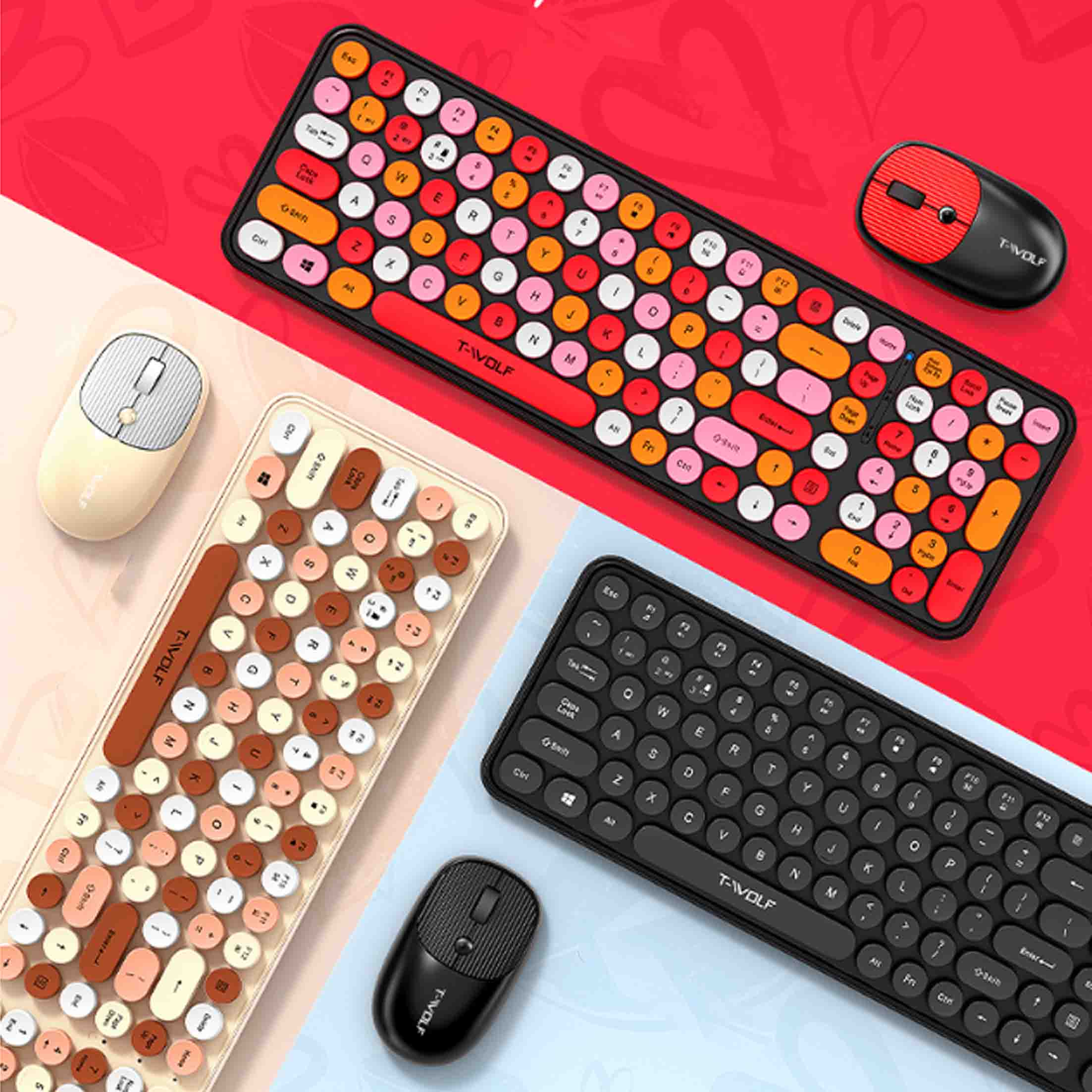 Bunte Tastaturen und Maussets. Verschiedene Tastatur-Layouts und Maus-Designs. Weißer Hintergrund.