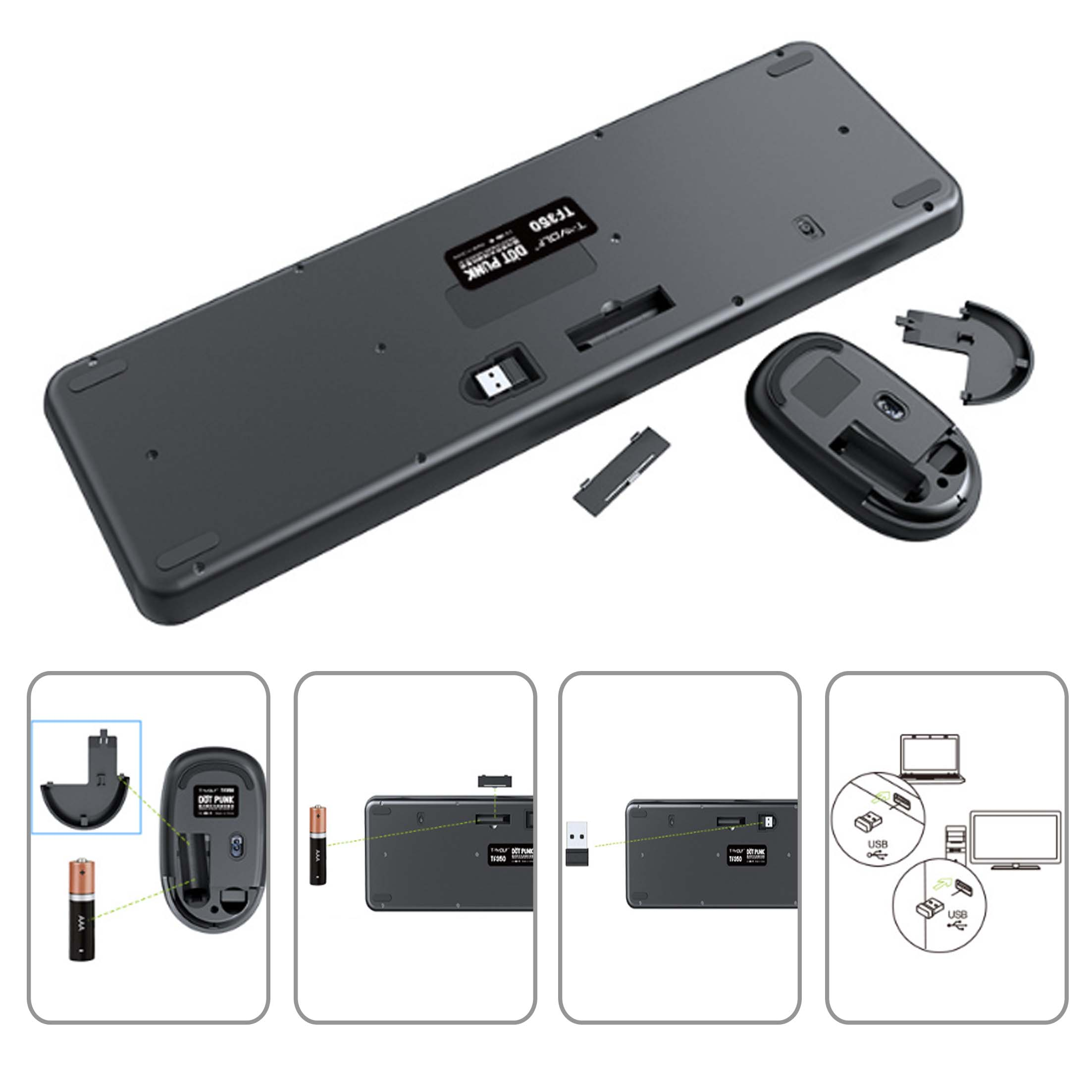 Klawiatura i mysz bezprzewodowa. Mysz i klawiatura są czarne. Pokazano komorę baterii.