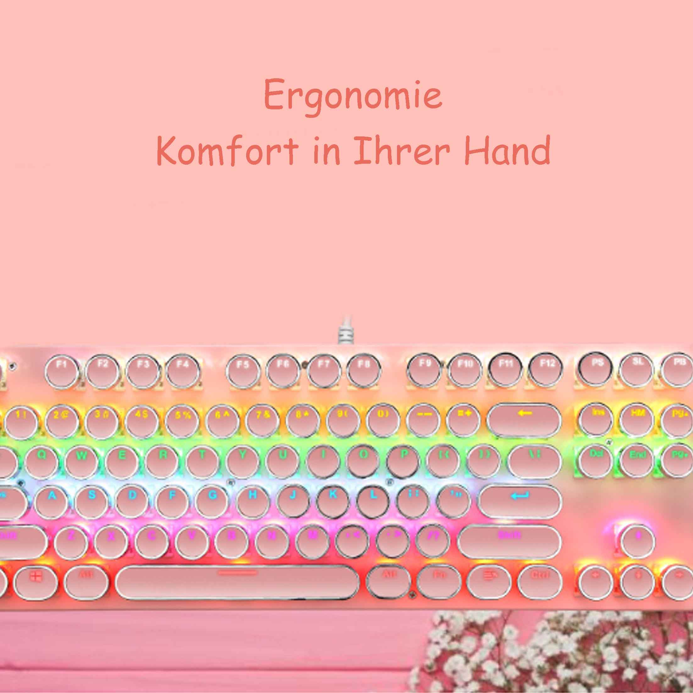 Różowa klawiatura z kolorowymi klawiszami i tekstem.