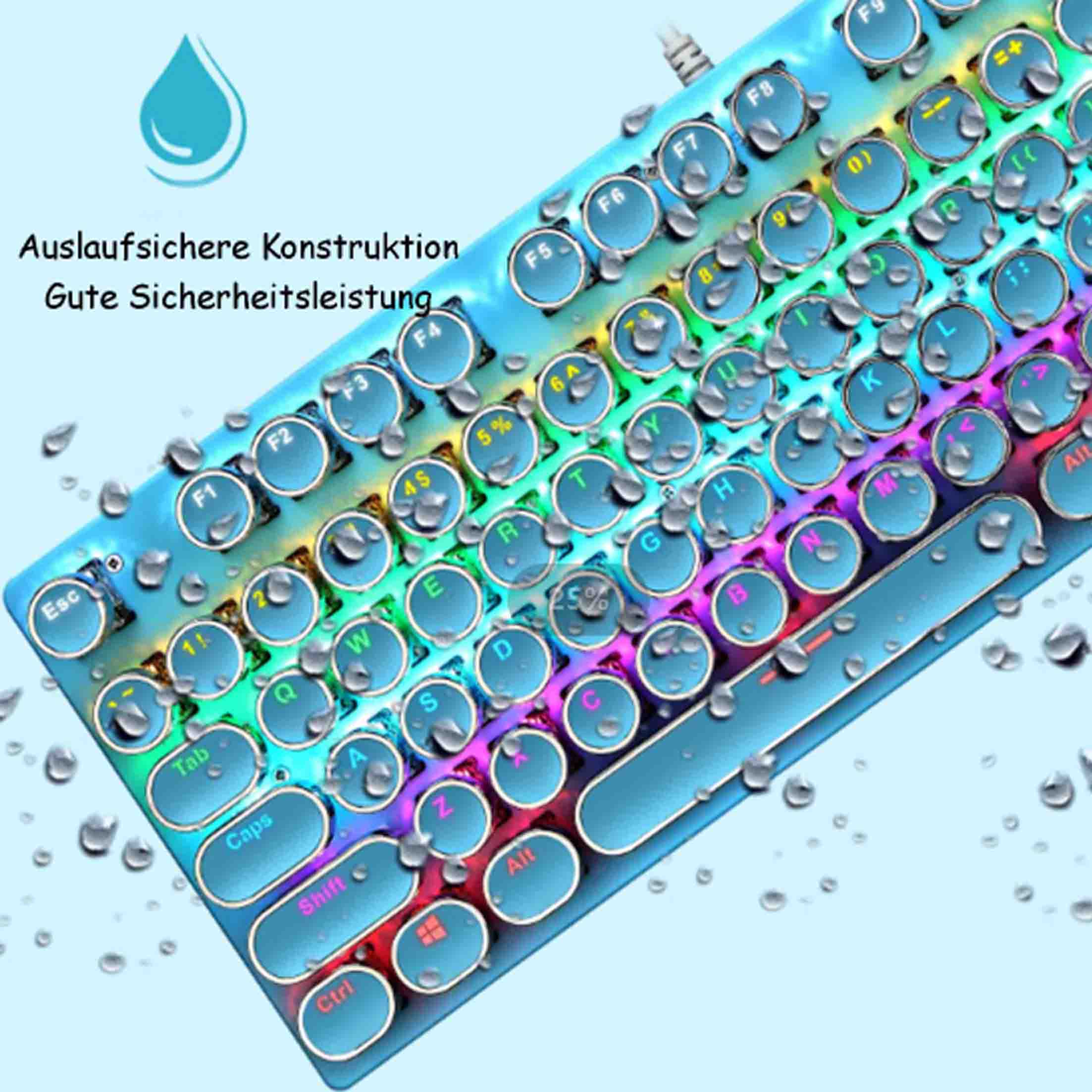 Niebieska klawiatura z kroplami wody, pokazująca różne klawisze i tekst. Klawiatura jest podświetlana wieloma kolorami.