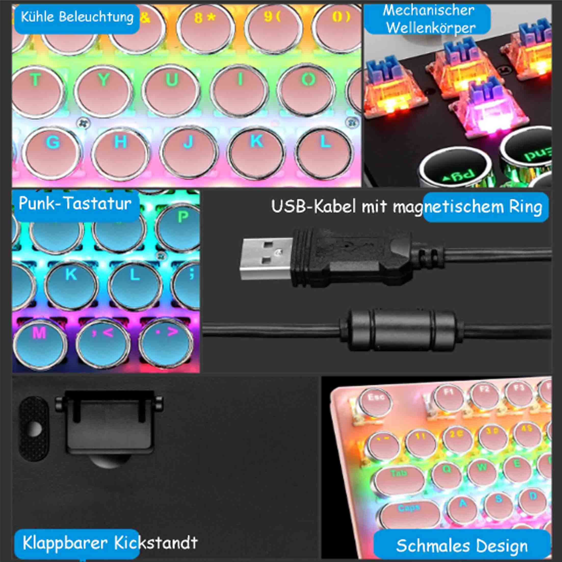 Kolaż przedstawiający klawiaturę z podświetlanymi klawiszami, kablem USB i składaną podpórką.