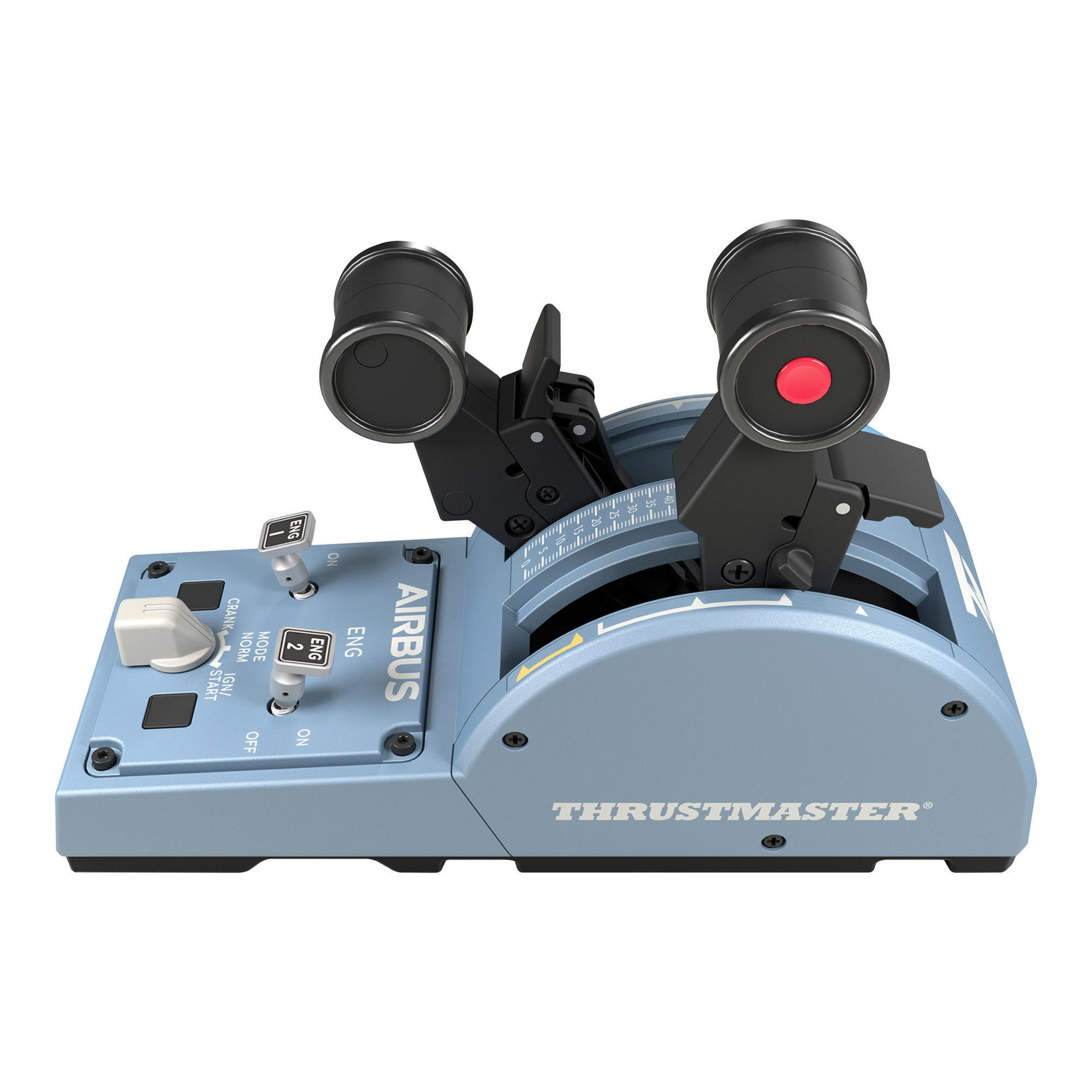 Blue and black Airbus flight simulator control. The device is on a white surface.