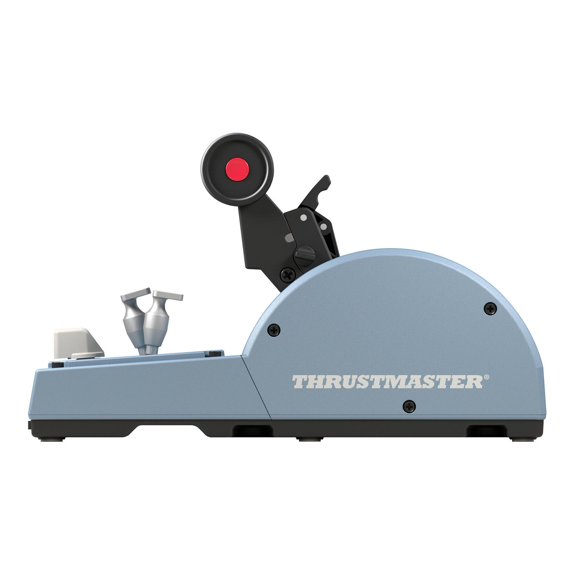 A blue flight simulator throttle with red button and control levers.