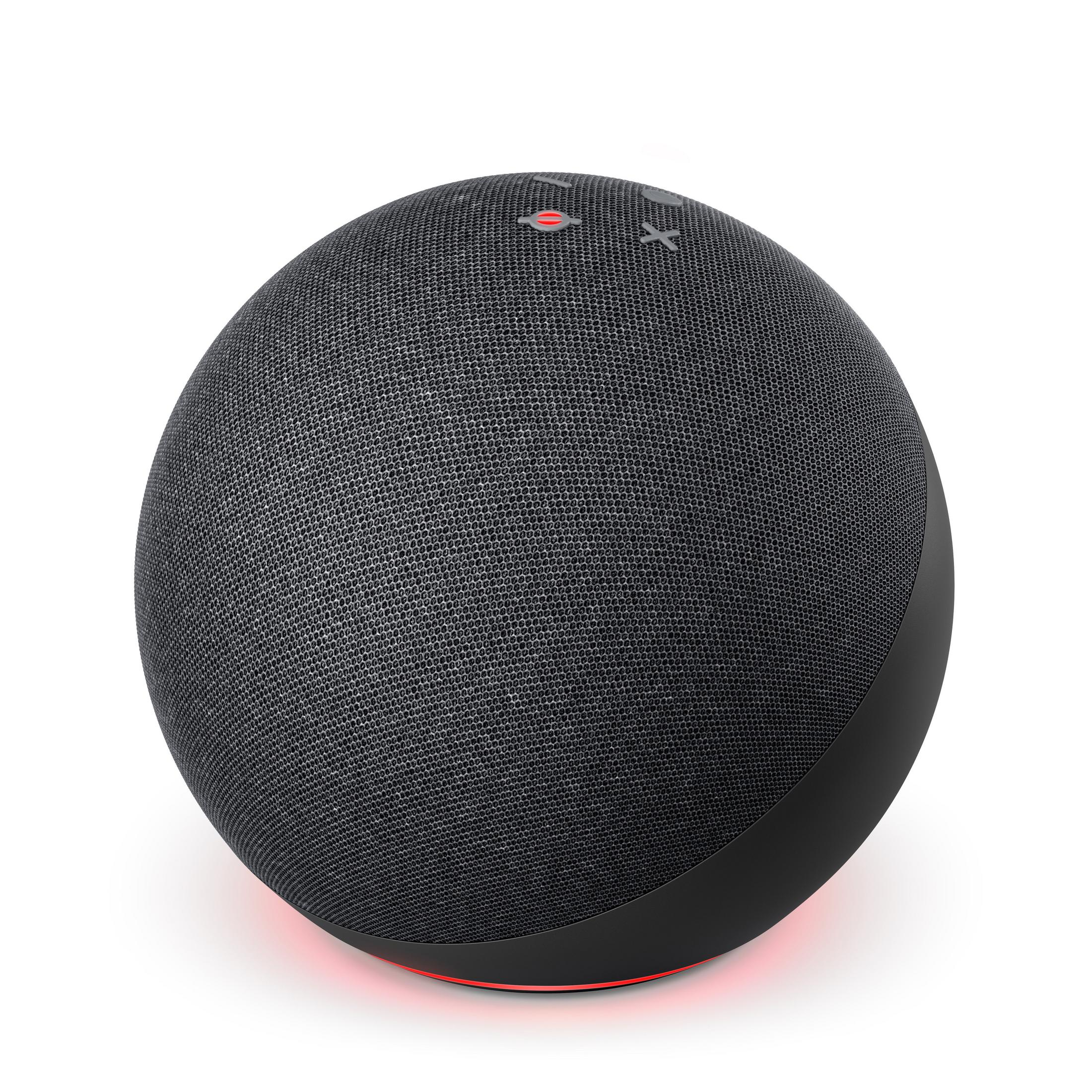 Altavoz inteligente Amazon Echo Dot negro con un anillo de luz rojo, sobre fondo blanco.