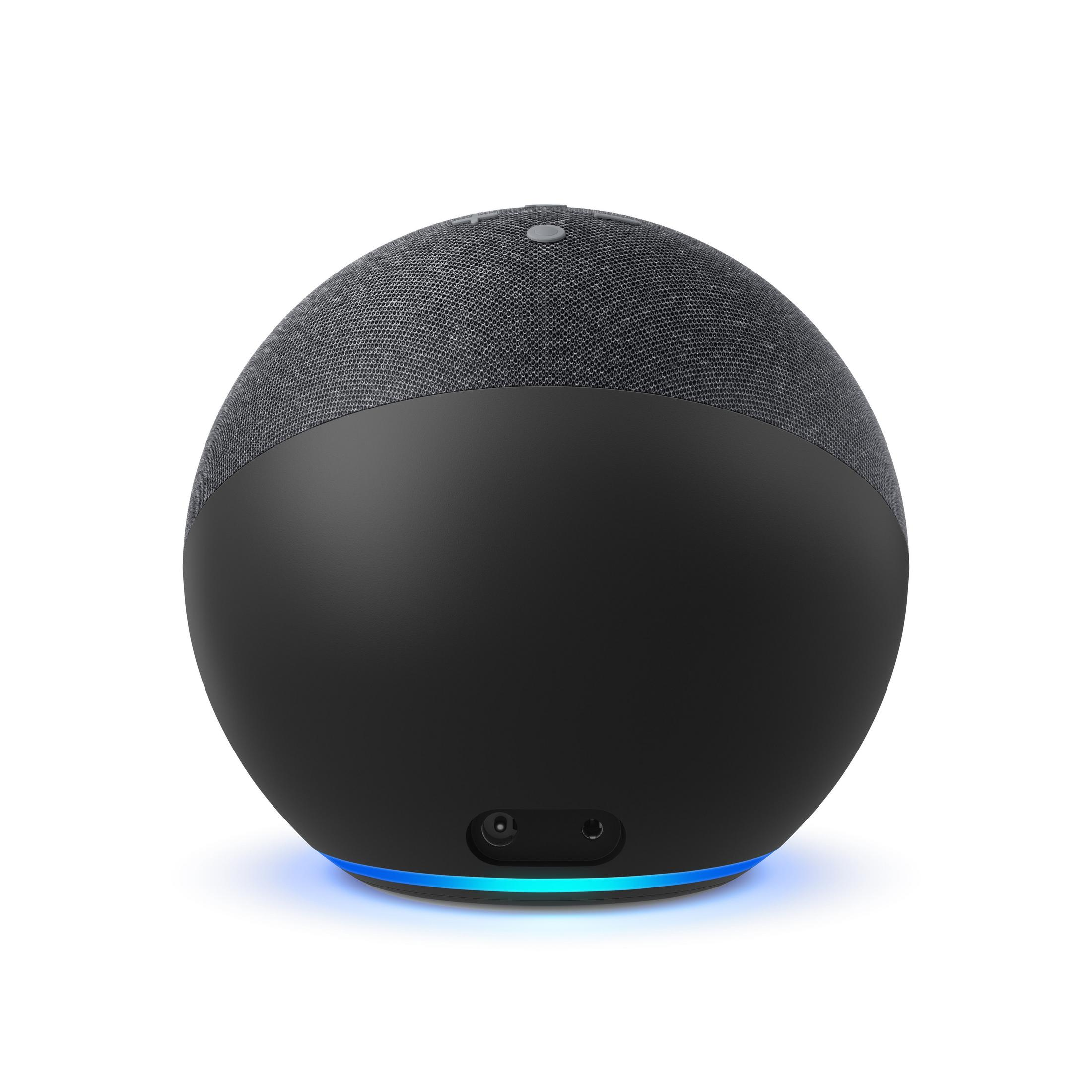 Un altavoz inteligente Amazon Echo Dot negro con una parte superior de tela y luz azul en la parte inferior.