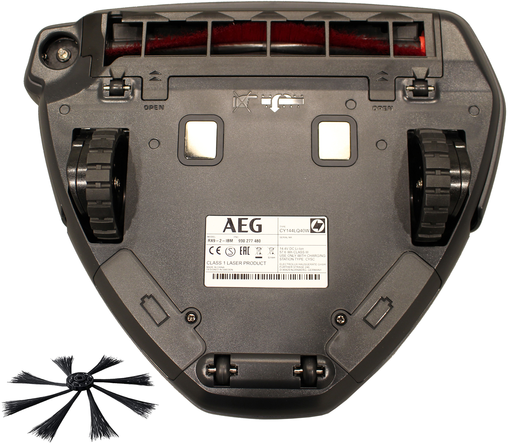 Spód czarnego robota odkurzającego, z widocznymi kołami i szczotkami.