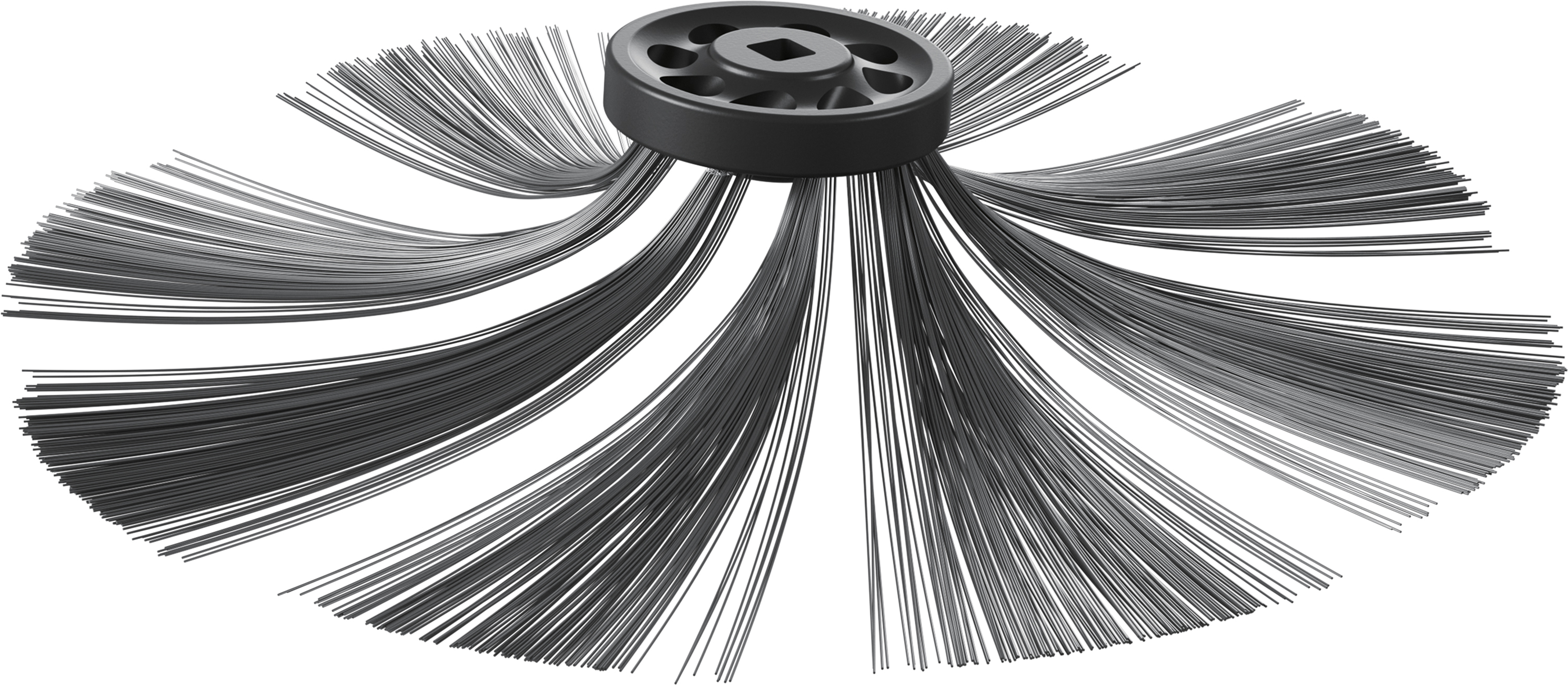 Czarna szczotka z wieloma włosiami. Włosie promieniuje z centralnego węzła.