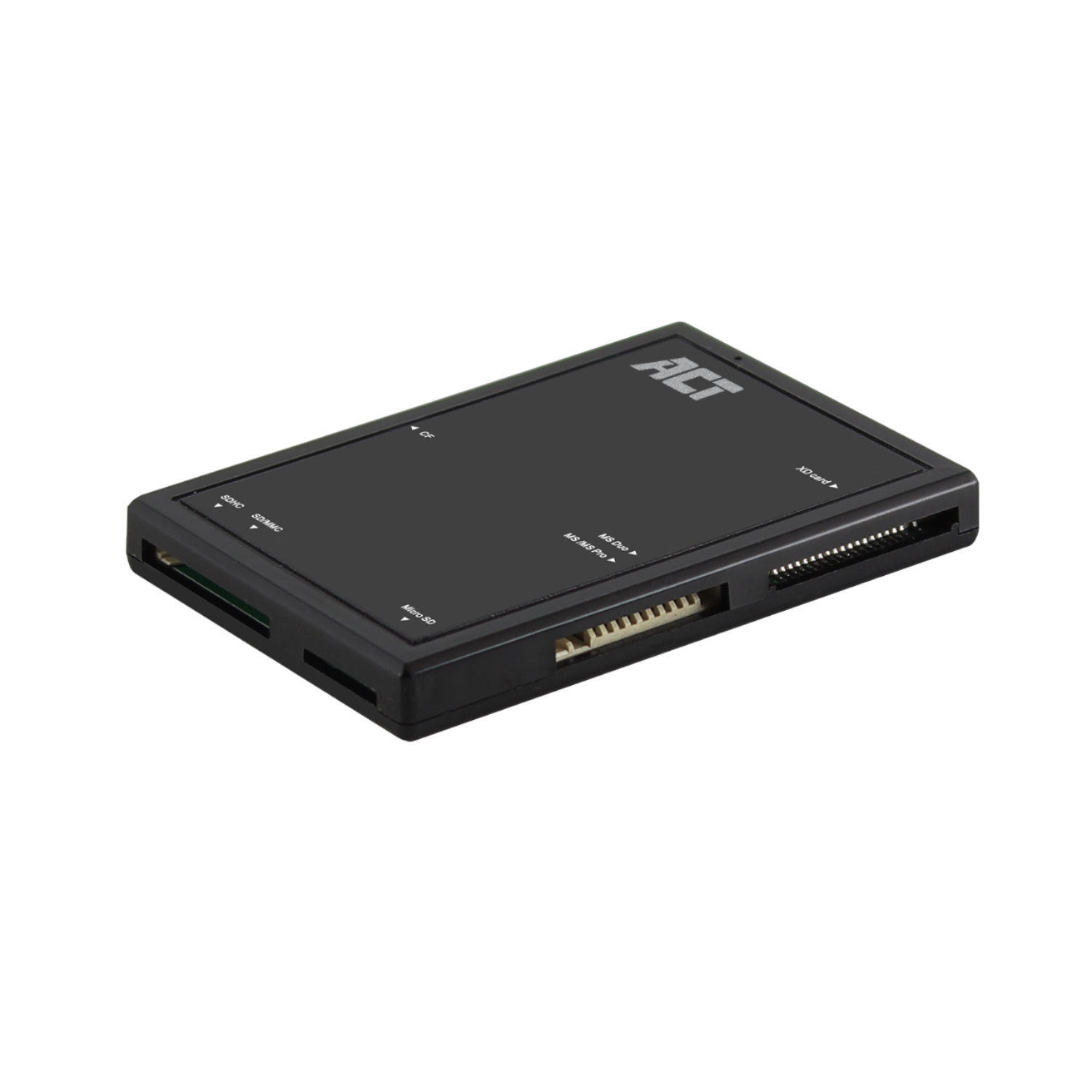 Czarny czytnik kart z wieloma portami na czarnym tle.